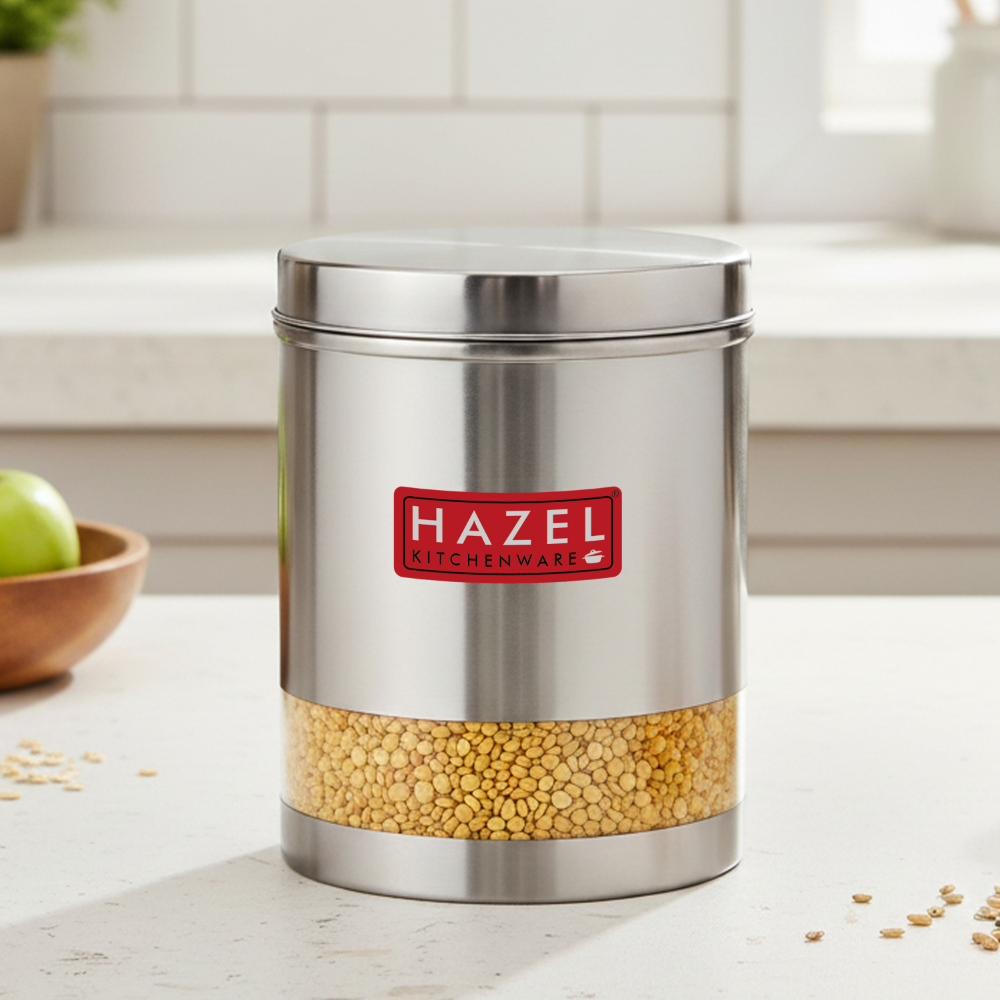 HAZEL Stainless Steel Container For Kitchen Storage Transparent See Through Matt Finish Storage Jar Dabba, Set of 1, 2200 ML, Silver