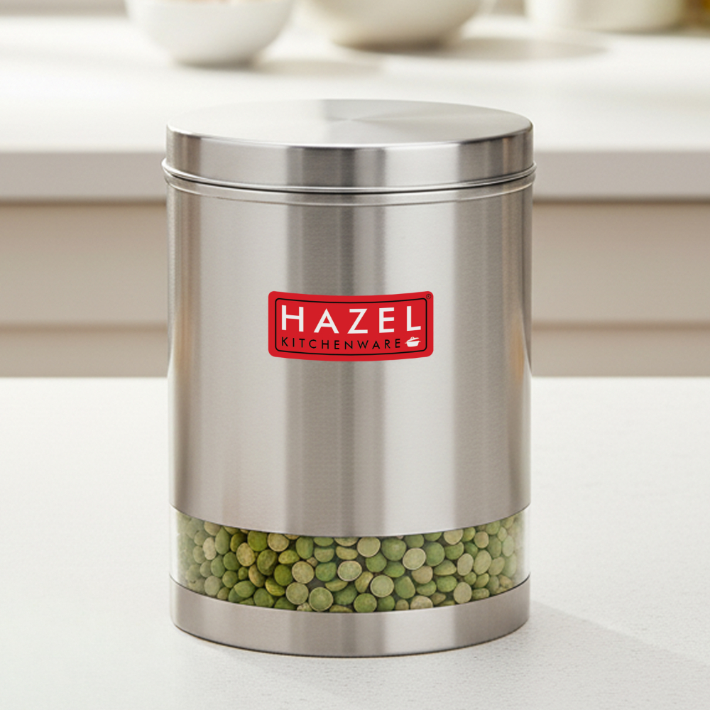HAZEL Stainless Steel Container For Kitchen Storage Transparent See Through Matt Finish Storage Jar Dabba, Set of 1, 3000 ML, Silver