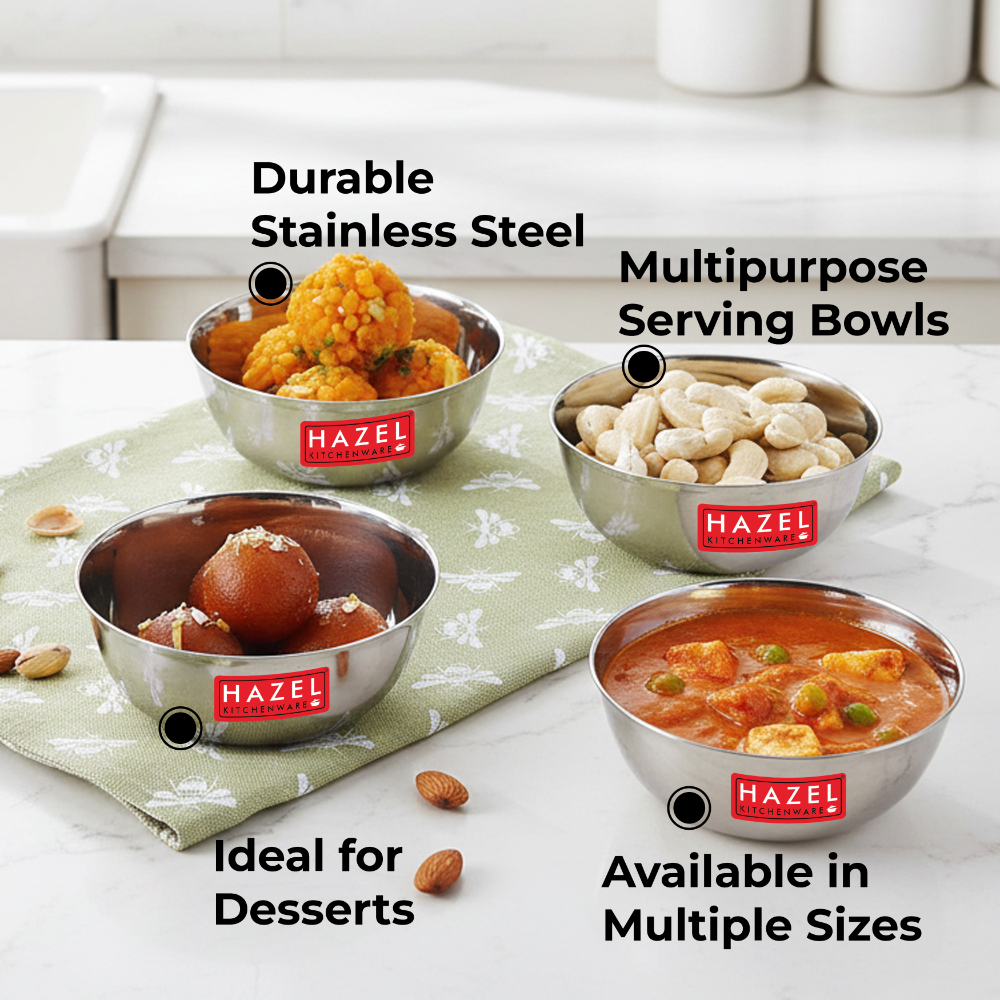HAZEL Stainless Steel Bowl Vati | Steel Bowl Set For Kitchen | Dinner Bowl Katori Serving Wati, 270 ML, Set of 4