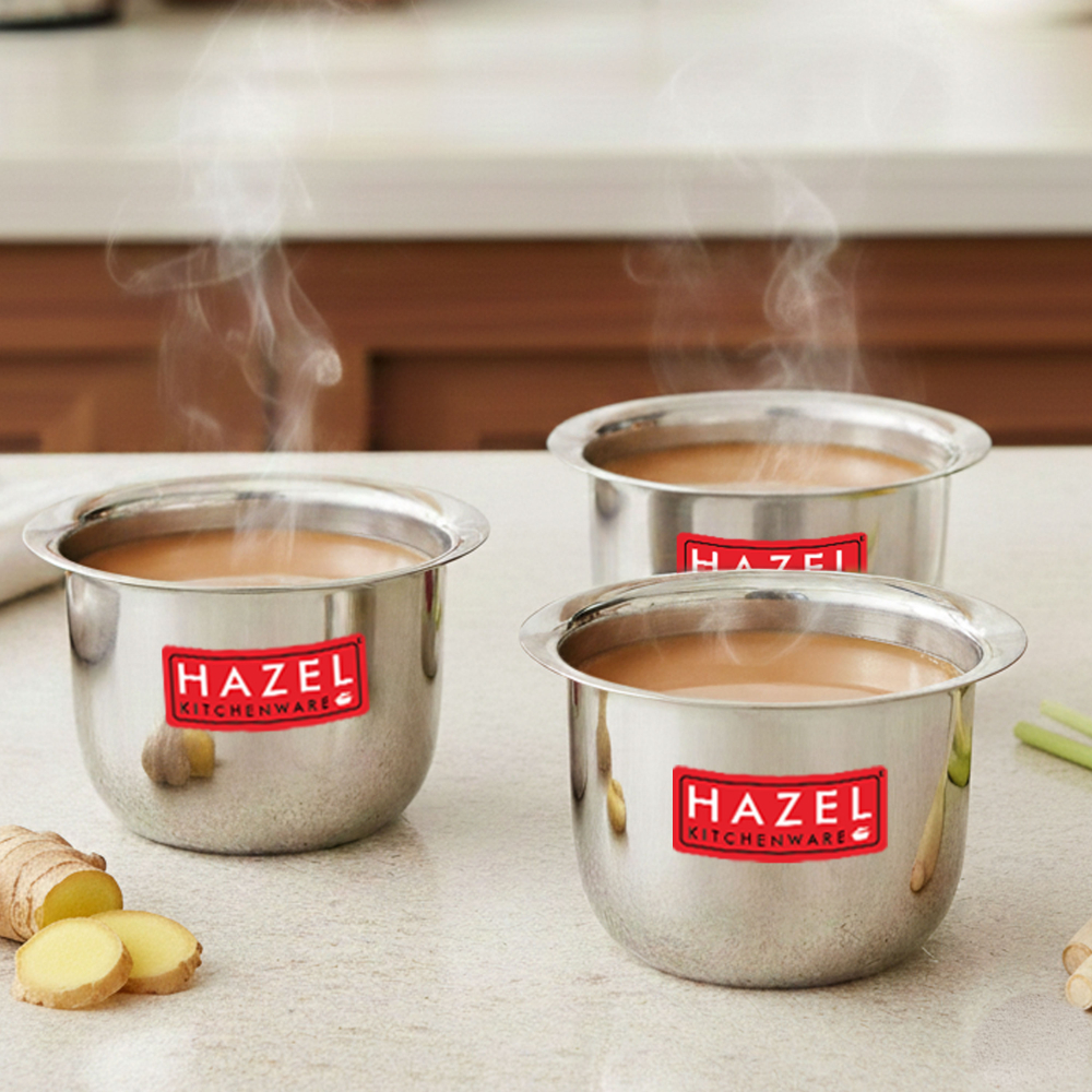 HAZEL Stainless Steel Tea Glasses Mini Traditional Design Coffee Milk Serving Glass Patra Pela Set of 3, 9 cm, 100 ML, Silver