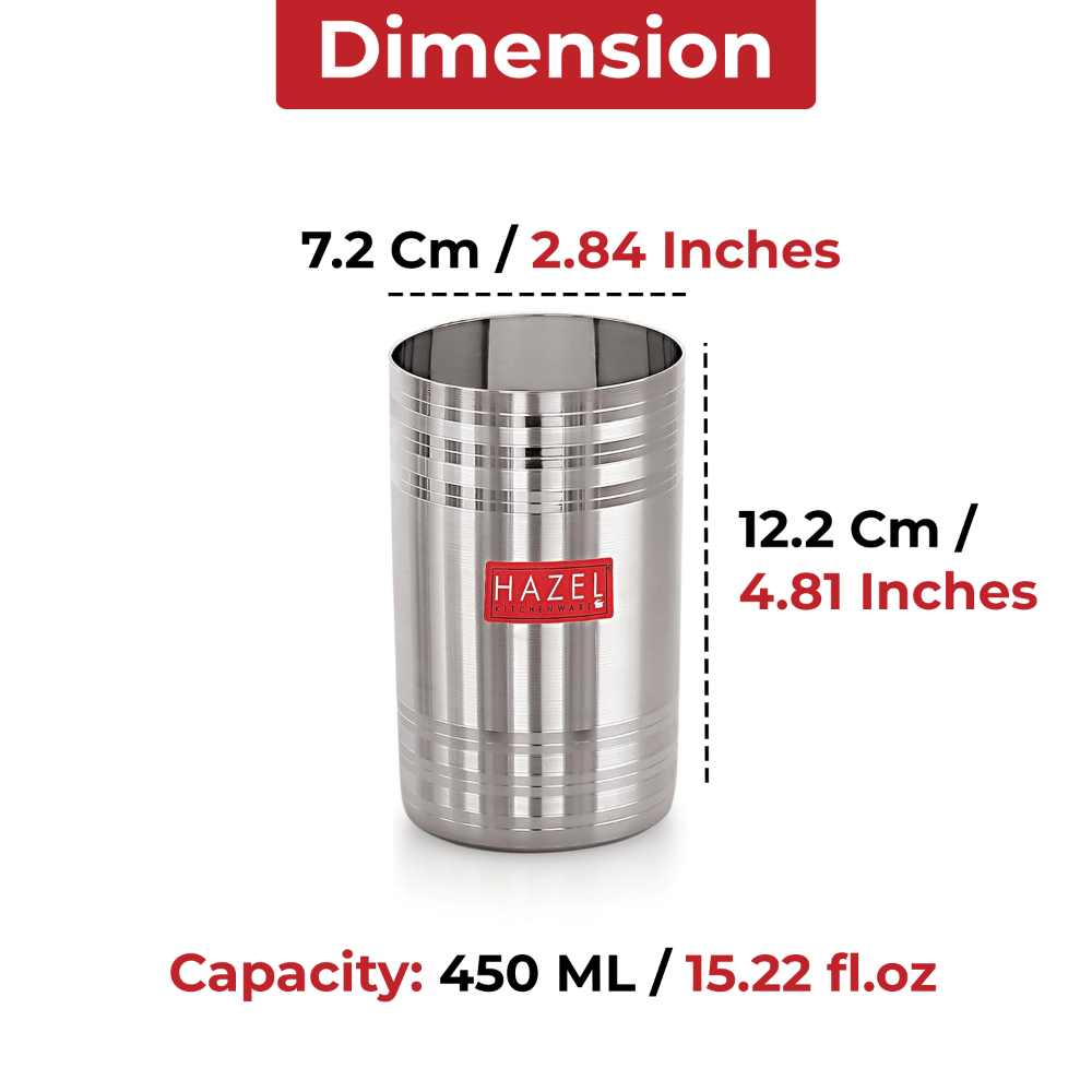 HAZEL Stainless Steel Glass for Drinking Water | Unbreakable Glass Set of 6 with Glossy Finish Design & Dishwasher Safe, 450 ML