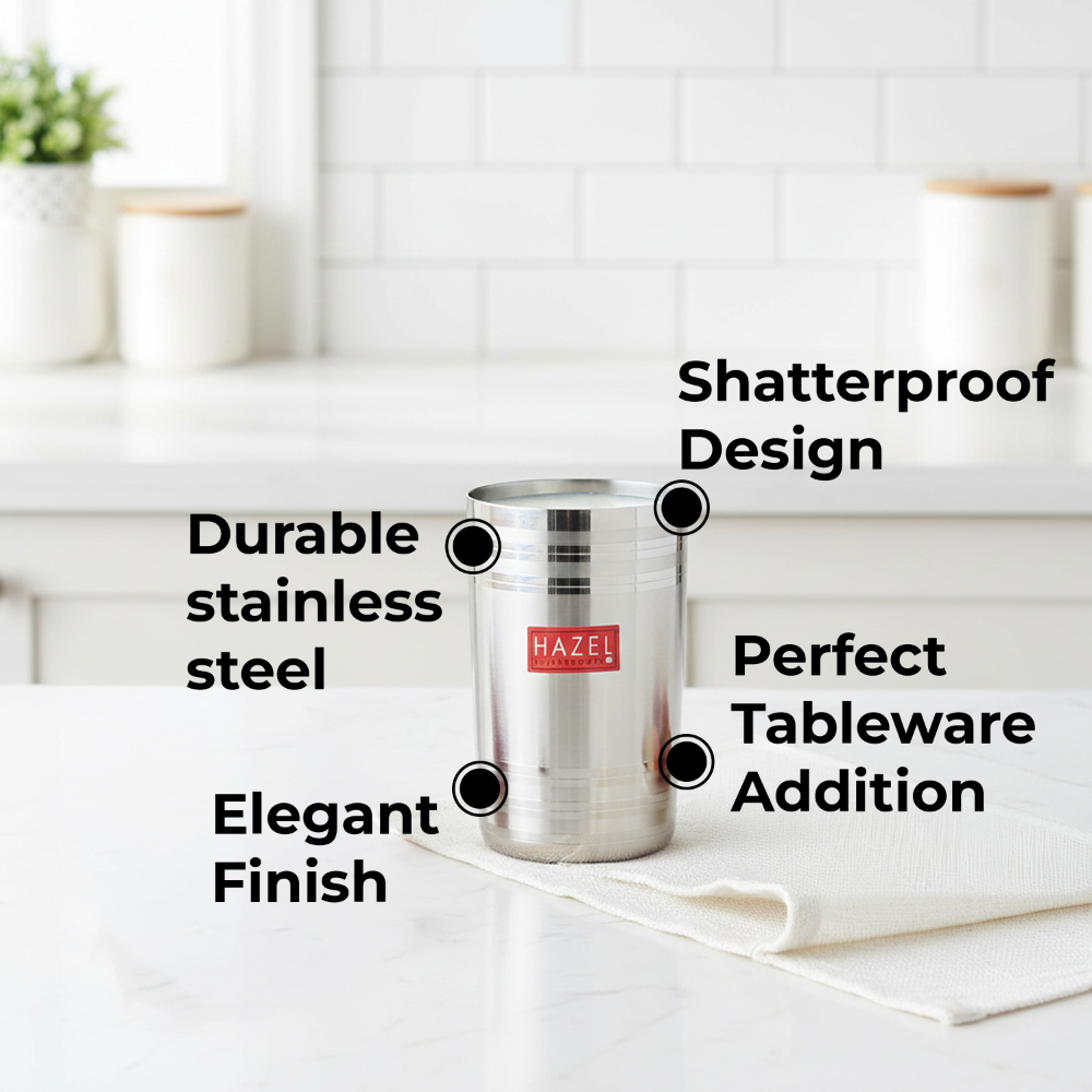 HAZEL Stainless Steel Glass for Drinking Water | Unbreakable Glass Set of 6 with Glossy Finish Design & Dishwasher Safe, 450 ML