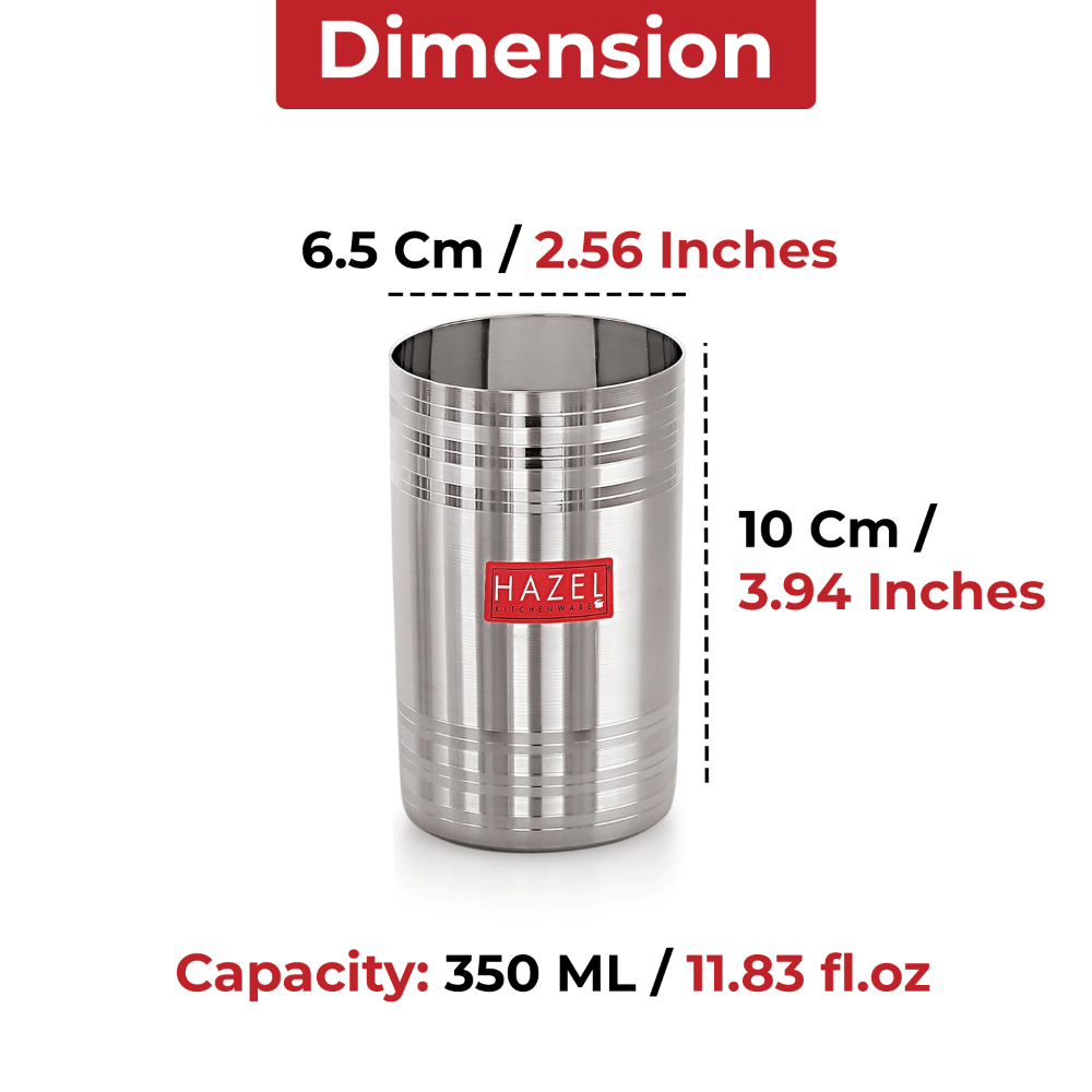 HAZEL Stainless Steel Glasses Set of 6 for Water & Juice | Unbreakable Glass Set with Glossy Finish Design & Dishwasher Safe, 350 ML