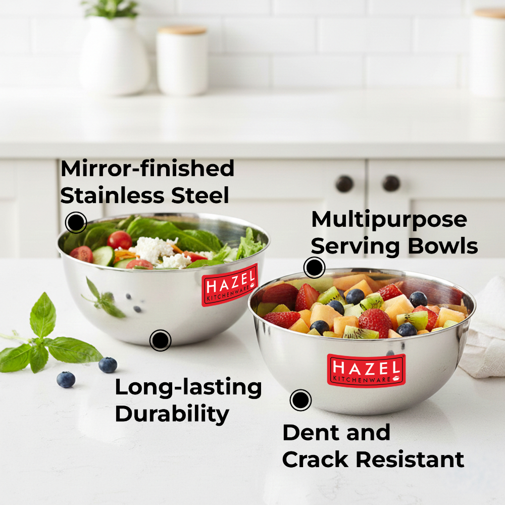 HAZEL Stainless Steel Serving Bowl Set of 2 | Mixing Bowl For Cake Batter | Serving Bowl Set For Dinner Lunch | Steel Katori Set Of 2