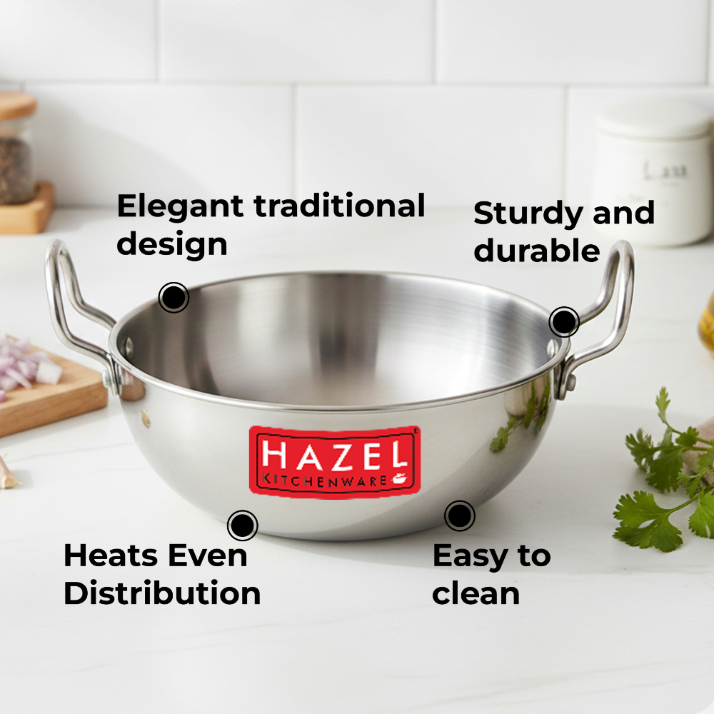 HAZEL 4mm Aluminium Kadhai with Handle | Aluminium Kadai Big Size , 3500 ml, Silver