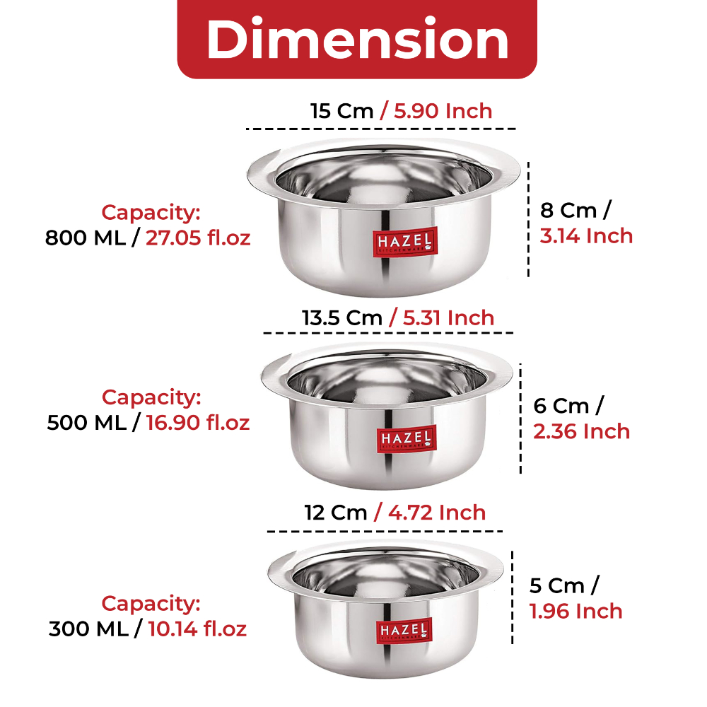 Hazel Utensils Set For Kitchen By Hazel I Steel Handi With Round Bottom, Set Of 3, 300 ML, 500 ML & 800 ML I Boiling Vessels, Multipurpose Steel Bhagona