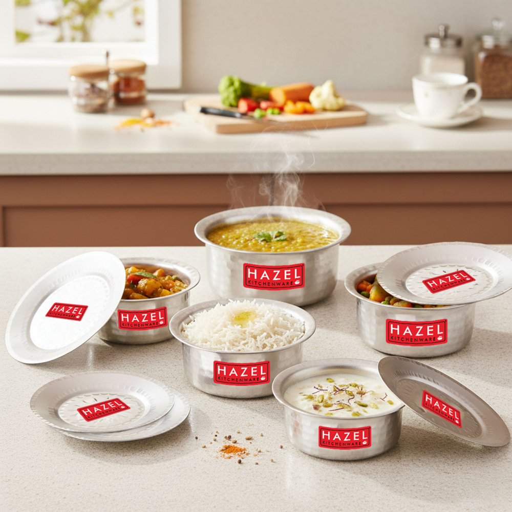 HAZEL Aluminium Hammered Tope Set with Lid I Patila Set of 5, 900 ML, 1.2L, 1.5L, 1.8L, 2.3L | Food-Grade Aluminium Kitchen Utensils for Traditional Indian Cooking I Utensils Set for Kitchen