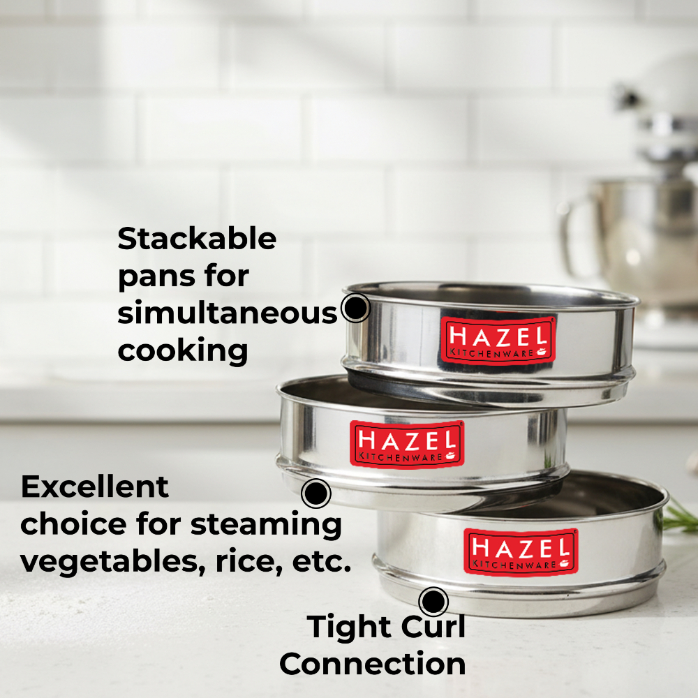 HAZEL Alfa Cooker Container | Cooker Vessel Set For 600 Ml I Set Of 3 With Glossy Finish Stainless Steel Utensil Set | Rice Cooker Dabbas, Stackable Cooker Separators, Silver, 600 Milliliter
