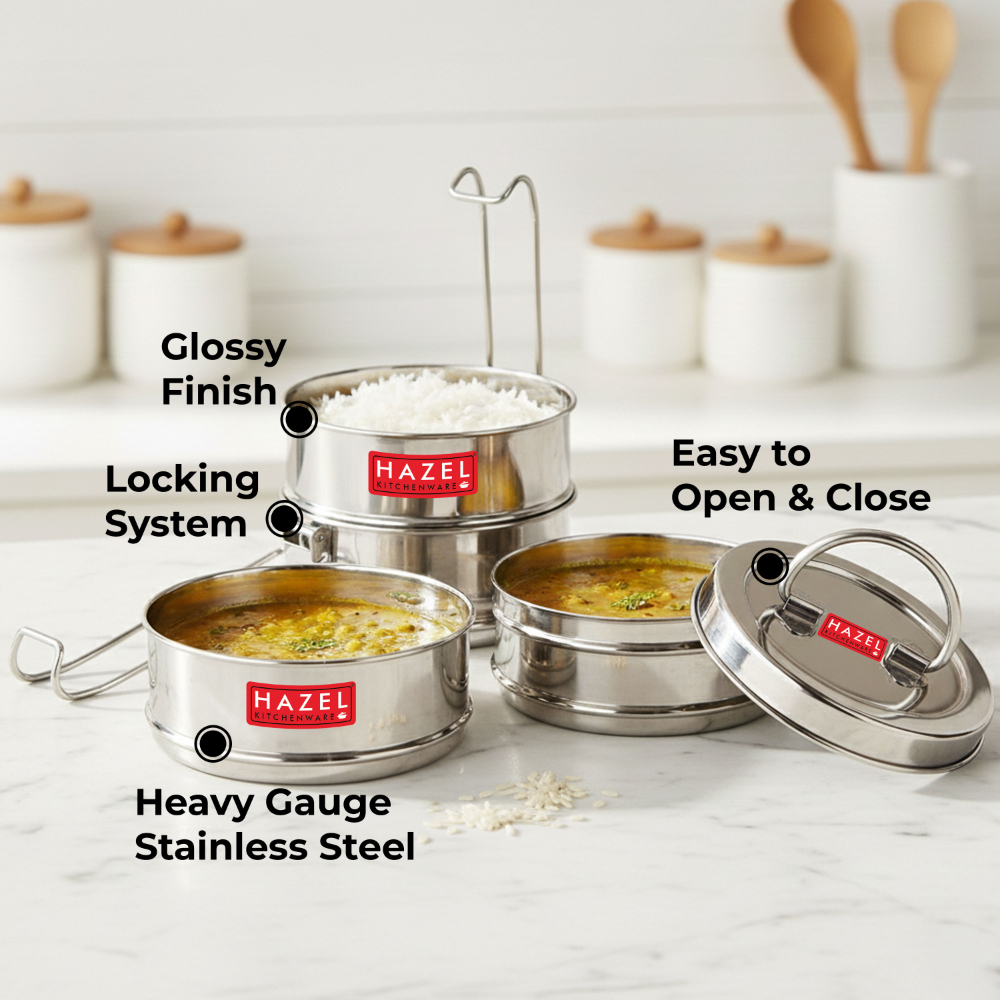 HAZEL Stainless Steel Lunch Box With 3 Containers | Tiffin Box for Office With Airtight lid