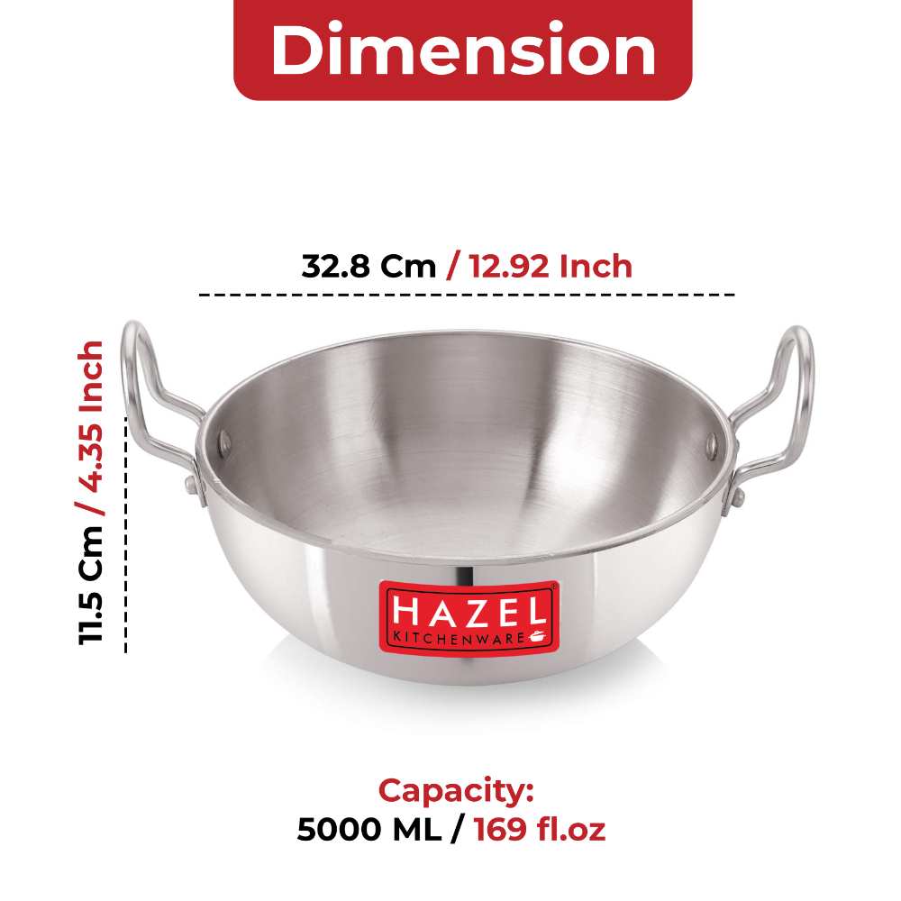 HAZEL Aluminium Cookware with Handle | Cooking Utensil, 5000 ml with 4 mm Thickness, Multipurpose Kadai for Deep Frying and Cooking, Silver