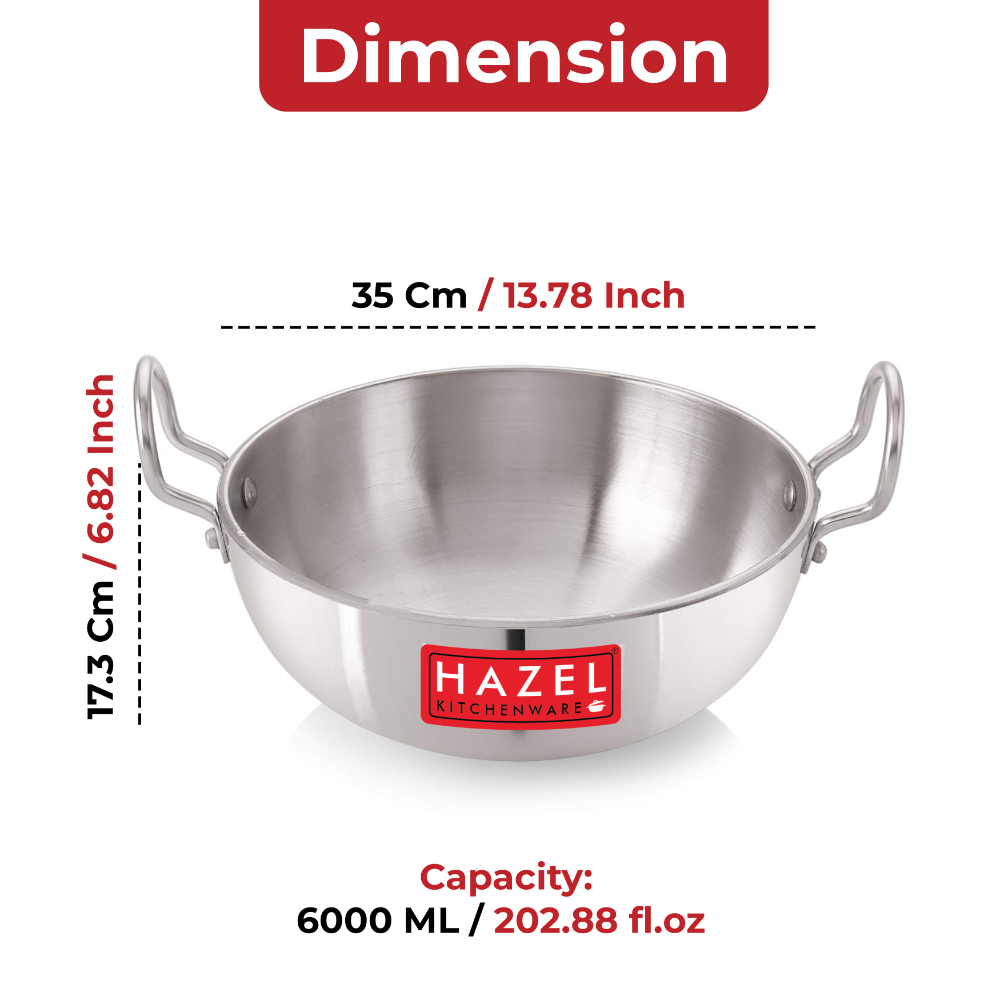 Hazel Aluminium Kadai for Cooking | 4 mm Kadhai Aluminium Big Size |Multipurpose Aluminium Kadai for Deep Frying, 6000 mL, Silver