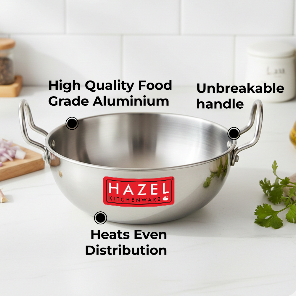 Hazel Aluminium Kadai for Cooking | 4 mm Kadhai Aluminium Big Size |Multipurpose Aluminium Kadai for Deep Frying, 6000 mL, Silver