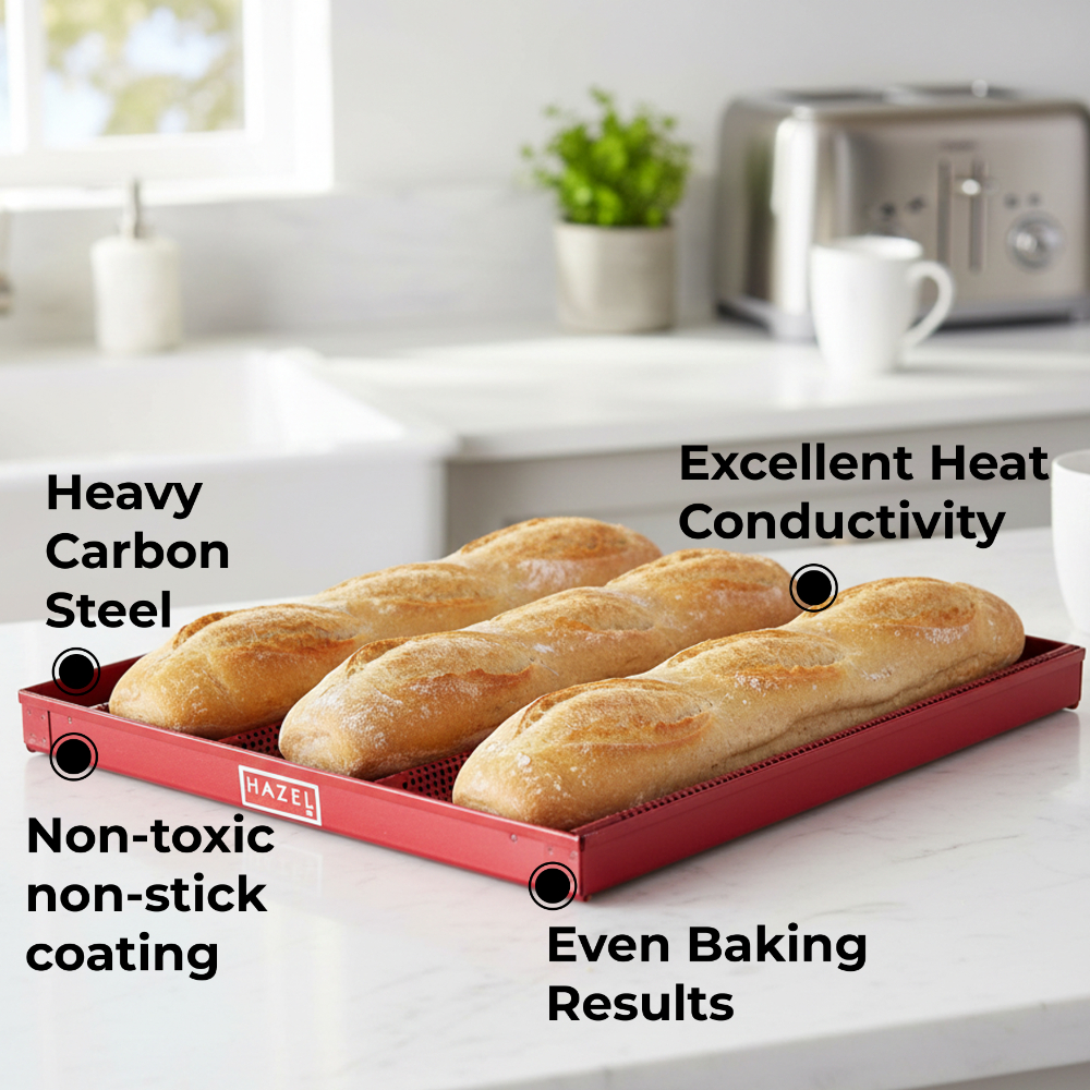 HAZEL Long French Bread Tray Heavy Gauge (16x15\\) Aluminized Steel Non Stick Loaf Subway Mould Baguette Mold for Microwave Oven OTG Baking Pan\