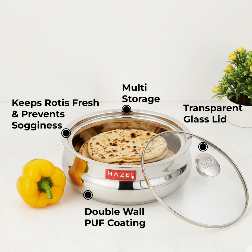 HAZEL Stainless Steel Casserole for Roti With Glass Lid | Chapati Casserole with Transparent Lid | Steel Roti Dabba for Serving | Hotcase for food serving, 800 ML, Silver