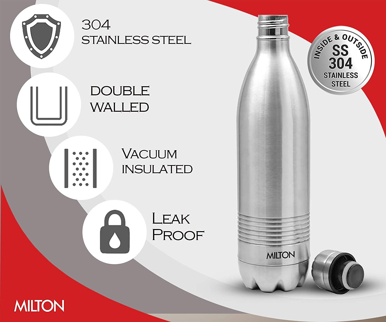 Milton Insulated Steel Bottles Thermosteel Duo Dlx 1000 ml, Steel Plain