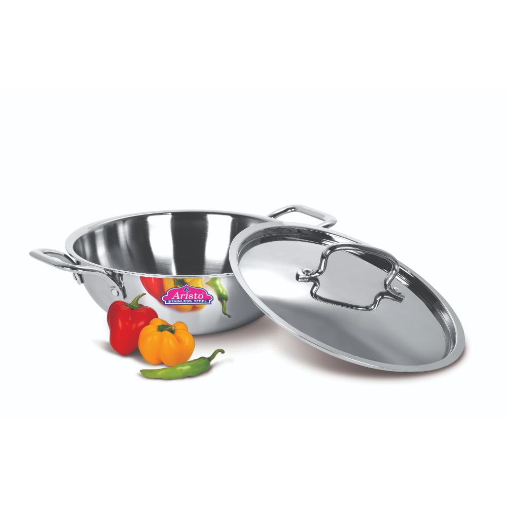 Aristo Triply Induction Friendly Kadhai Kadai With Stainless Steel Lid, Silver, 18.5 cm, 1.2 Litre
