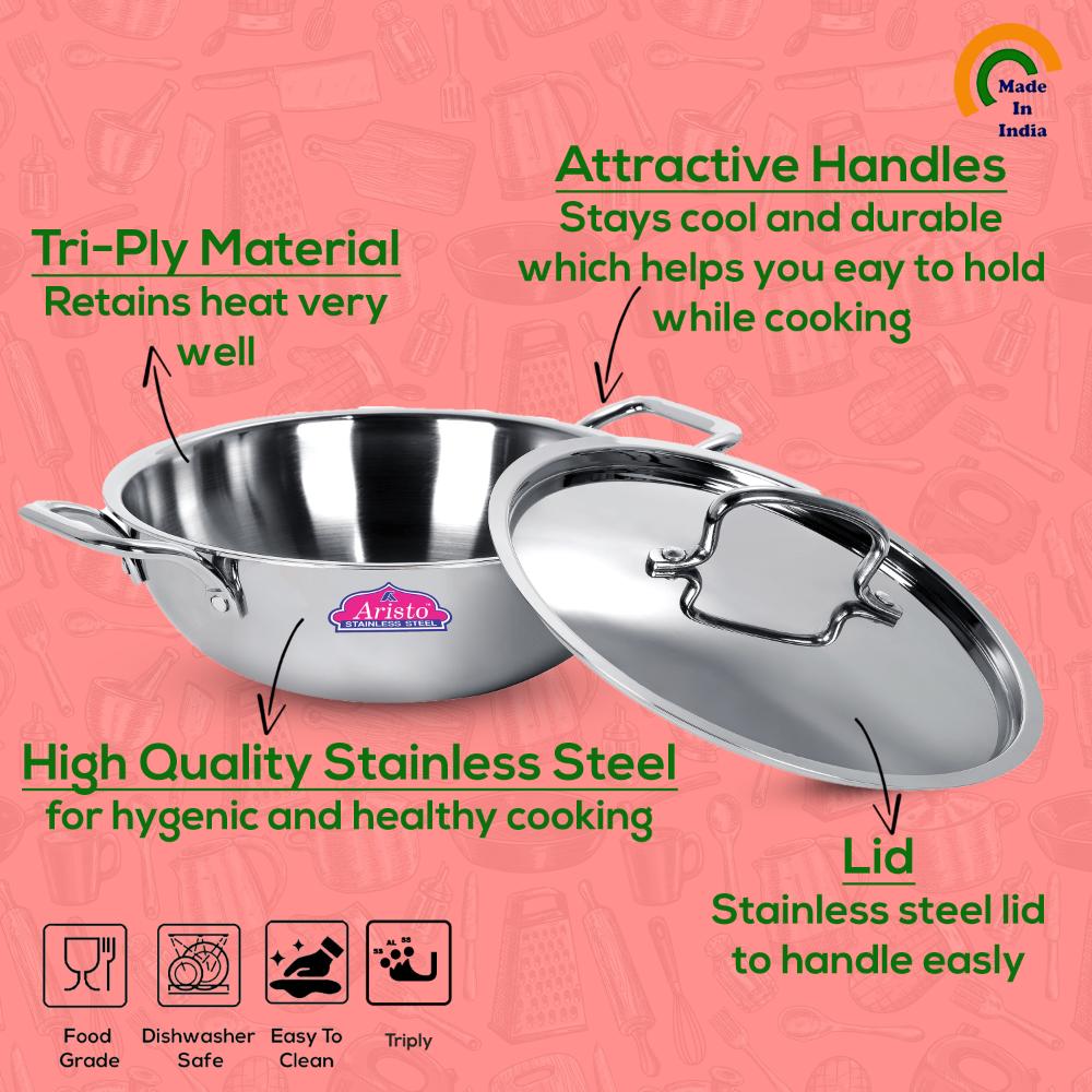 Aristo Triply Induction Friendly Kadhai Kadai With Stainless Steel Lid, Silver, 18.5 cm, 1.2 Litre