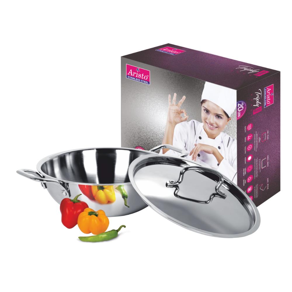 Aristo Triply Induction Friendly Kadhai Kadai With Stainless Steel Lid, Silver, 22.5 cm, 2.1 Litre