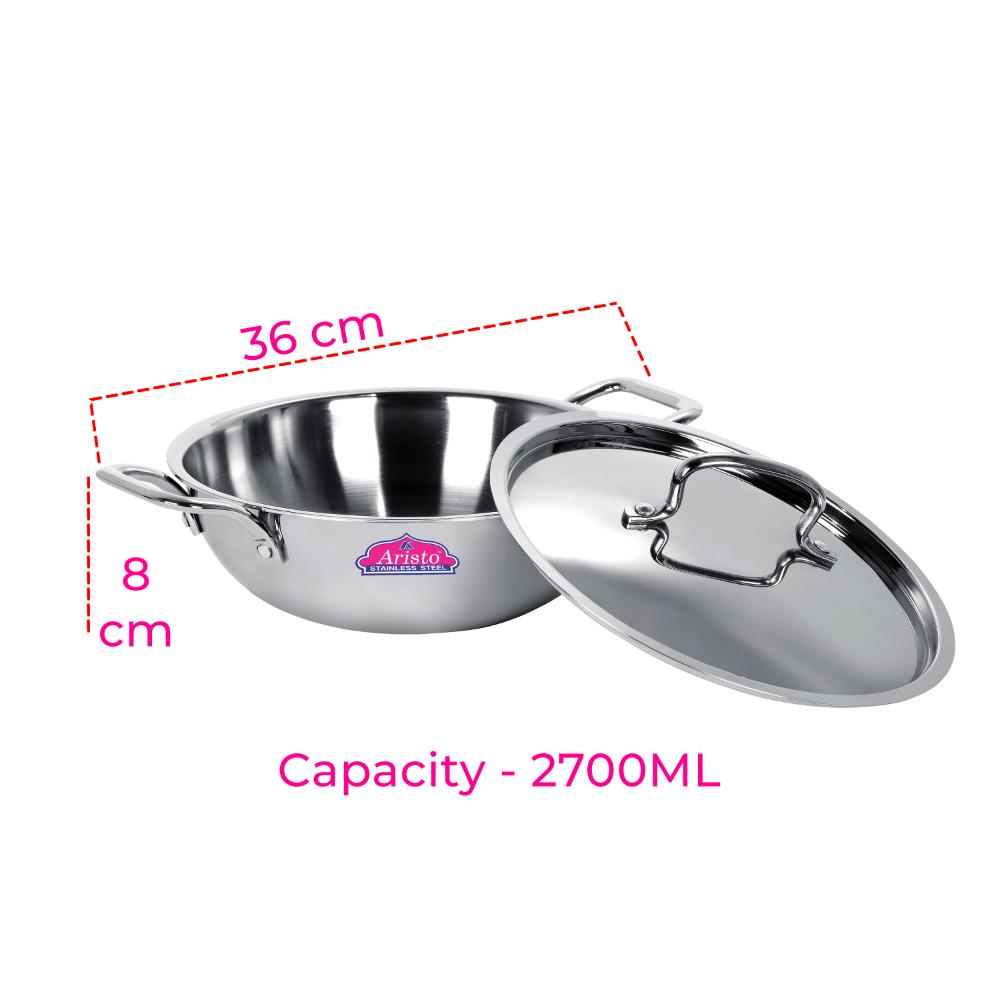 Aristo Triply Induction Friendly Kadhai Kadai With Stainless Steel Lid, Silver, 24.5 cm, 2.7 Litre