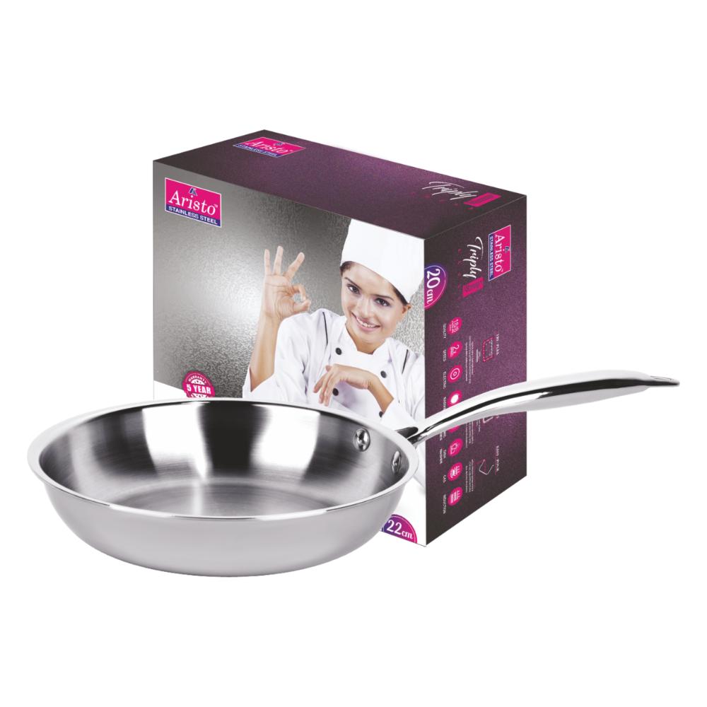 Aristo Triply Induction Friendly Frying Pan With Stainless Steel Lid, Silver, 23 cm, 1.5 Litre