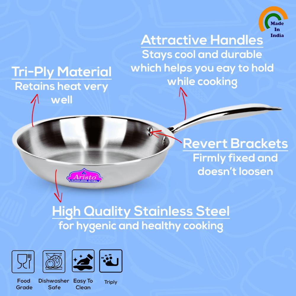 Aristo Triply Induction Friendly Frying Pan With Stainless Steel Lid, Silver, 24.5 cm, 2 Litre