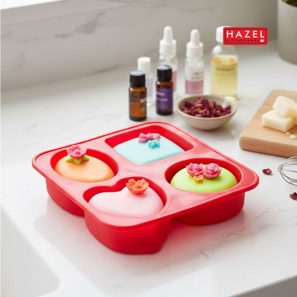 HAZEL Silicone Soap Mould | 4-Cavity Mould with Heart & Round Shapes | Non-Stick, Flexible & Reusable Mold for Handmade Soap, Candle, Jelly & Chocolate (Red)