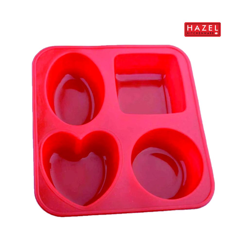 HAZEL Silicone Soap Mould | 4-Cavity Mould with Heart & Round Shapes | Non-Stick, Flexible & Reusable Mold for Handmade Soap, Candle, Jelly & Chocolate (Red)