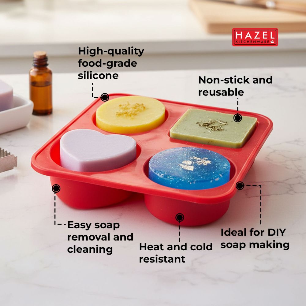 HAZEL Silicone Soap Mould | 4-Cavity Mould with Heart & Round Shapes | Non-Stick, Flexible & Reusable Mold for Handmade Soap, Candle, Jelly & Chocolate (Red)