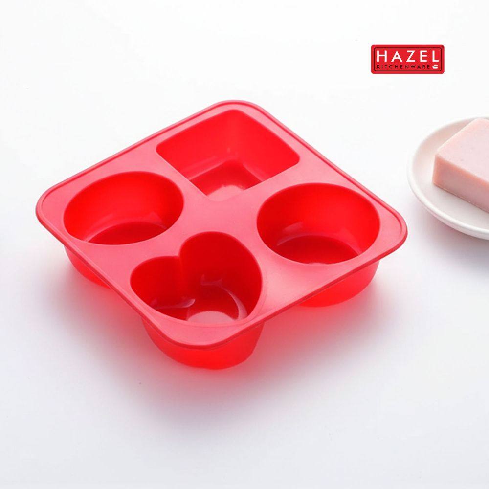 HAZEL Silicone Soap Mould | 4-Cavity Mould with Heart & Round Shapes | Non-Stick, Flexible & Reusable Mold for Handmade Soap, Candle, Jelly & Chocolate (Red)