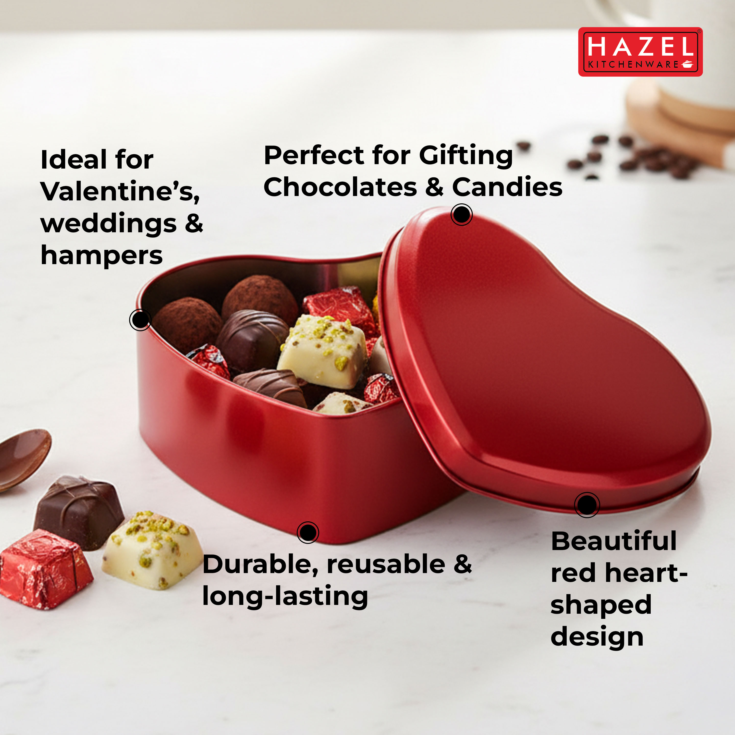 HAZEL Tin Valentine Heart Containers | Red Heart-Shaped Gift Box for Chocolates, Candies & Return Gifts