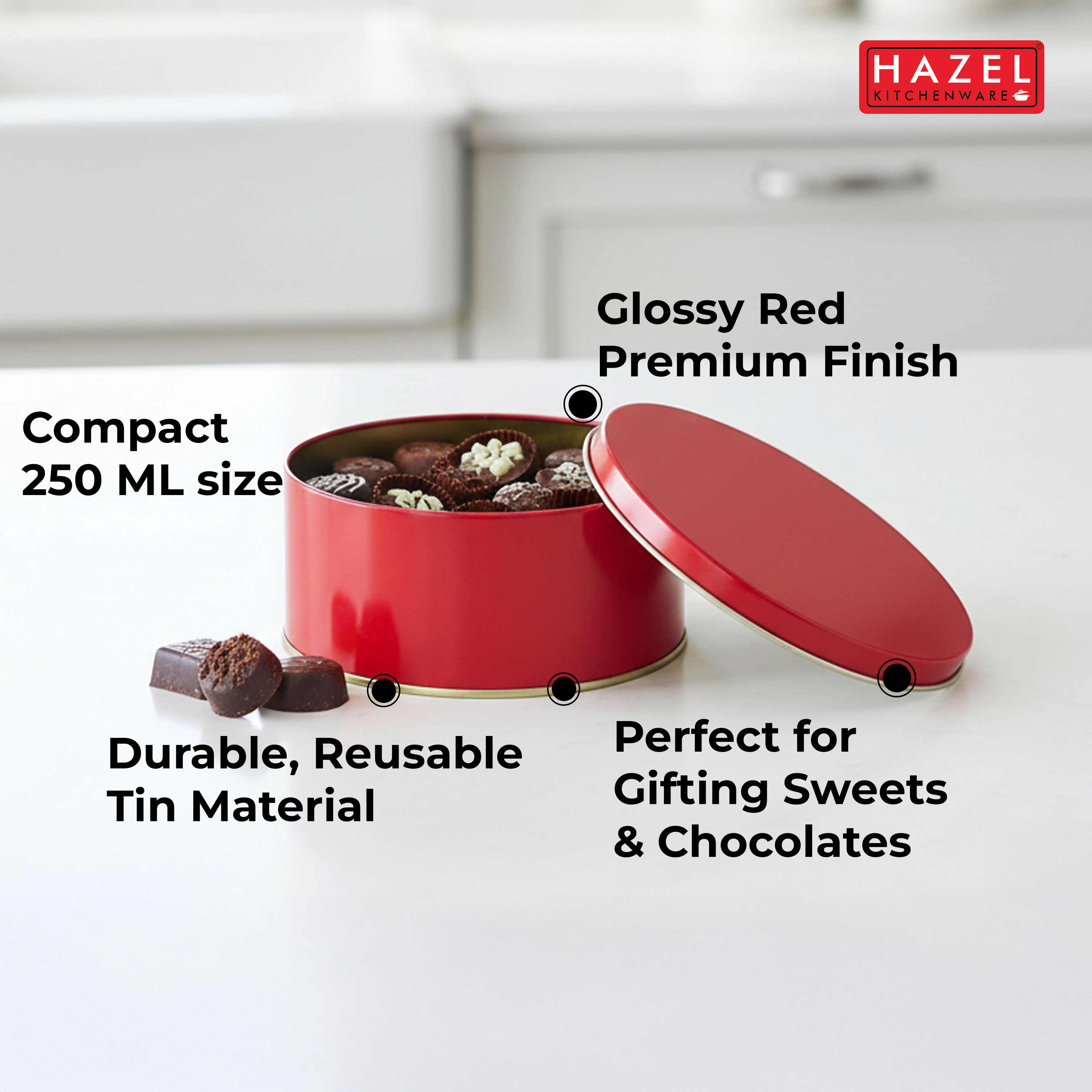 HAZEL Gifting Containers 250 ML | Medium Red Tin Container for Sweets, Dry Fruits & Chocolates (Set of 3)