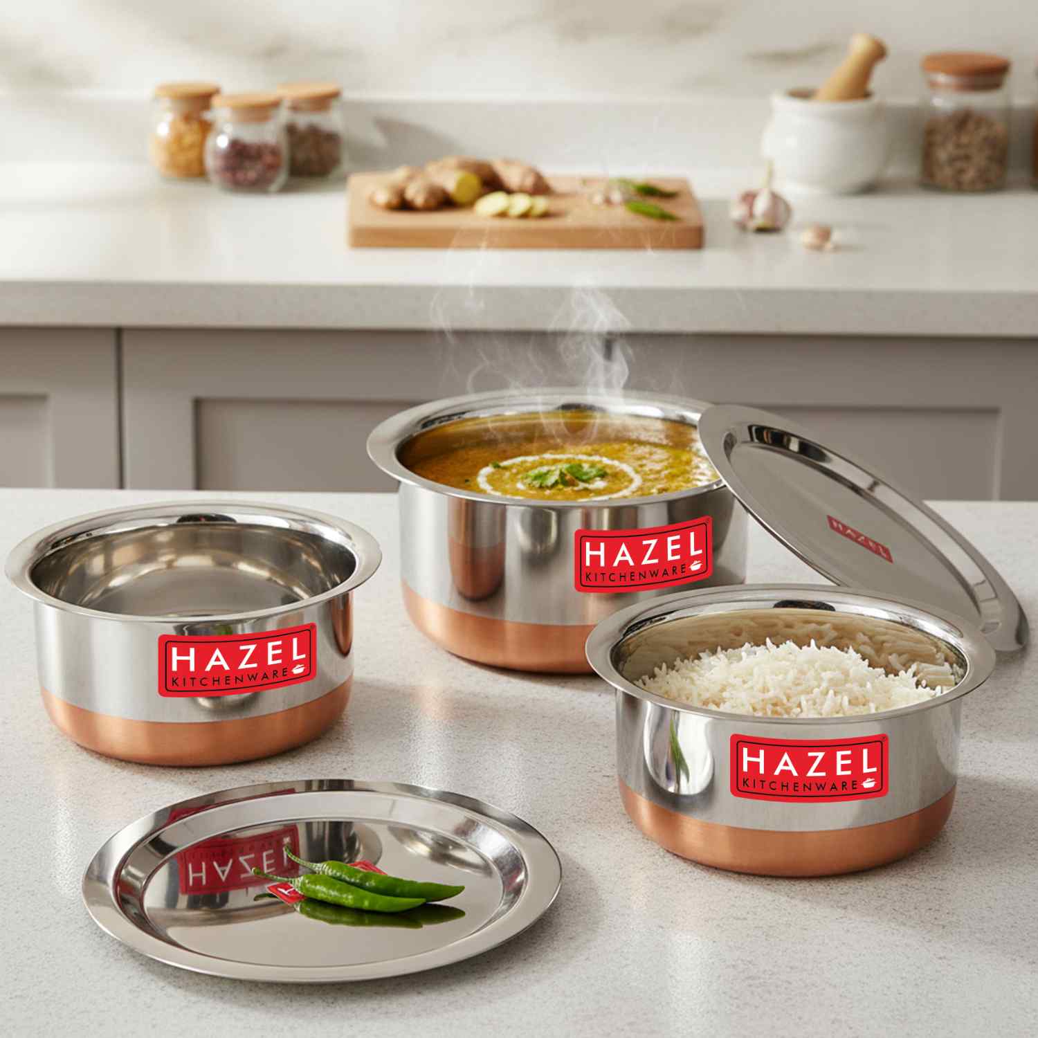 HAZEL Utensils Set for Kitchen I Set of 3, 1 L, 1.5 L, 1.9 L Capacity | Copper Bottom Utensils for Cooking I Steel Tope Set with Lid for Daily Use