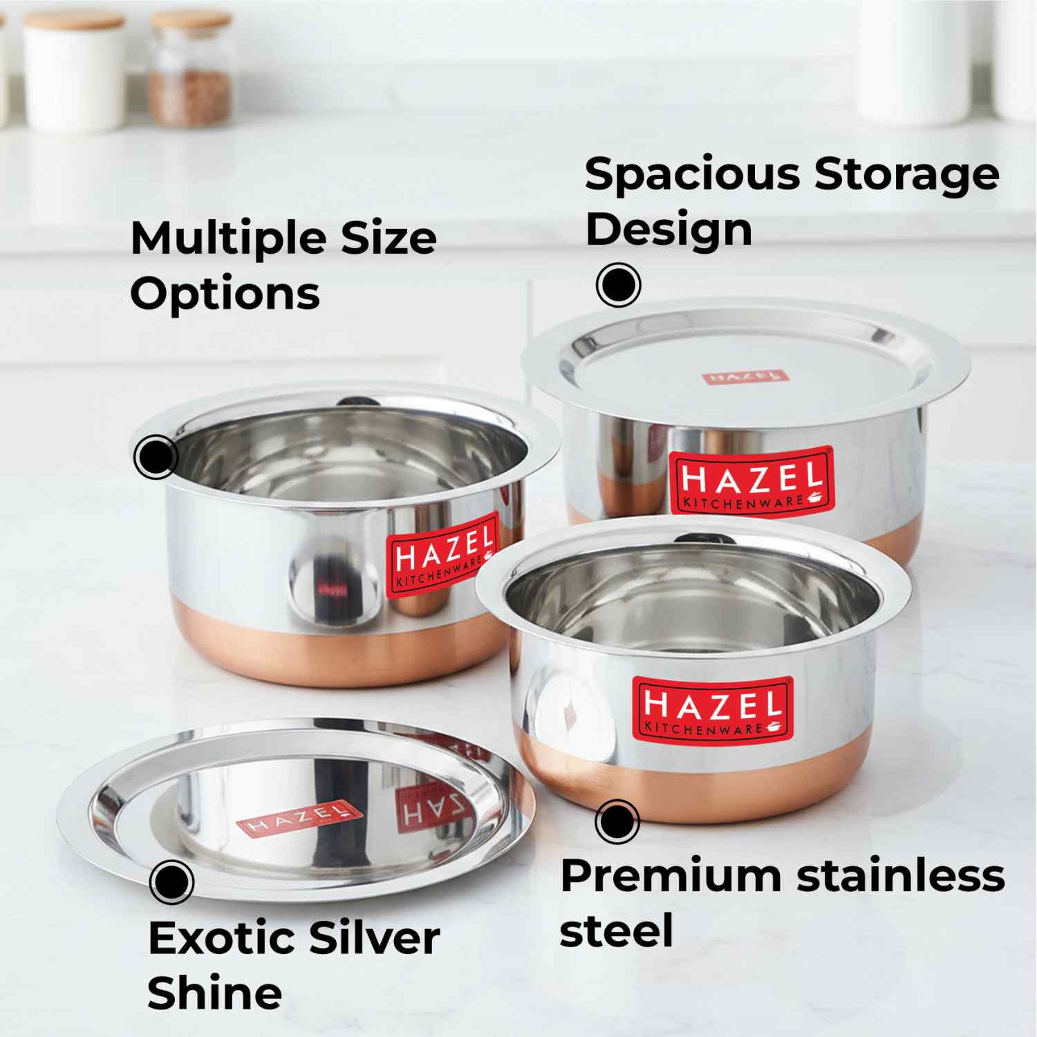 HAZEL Utensils Set for Kitchen I Set of 3, 1 L, 1.5 L, 1.9 L Capacity | Copper Bottom Utensils for Cooking I Steel Tope Set with Lid for Daily Use