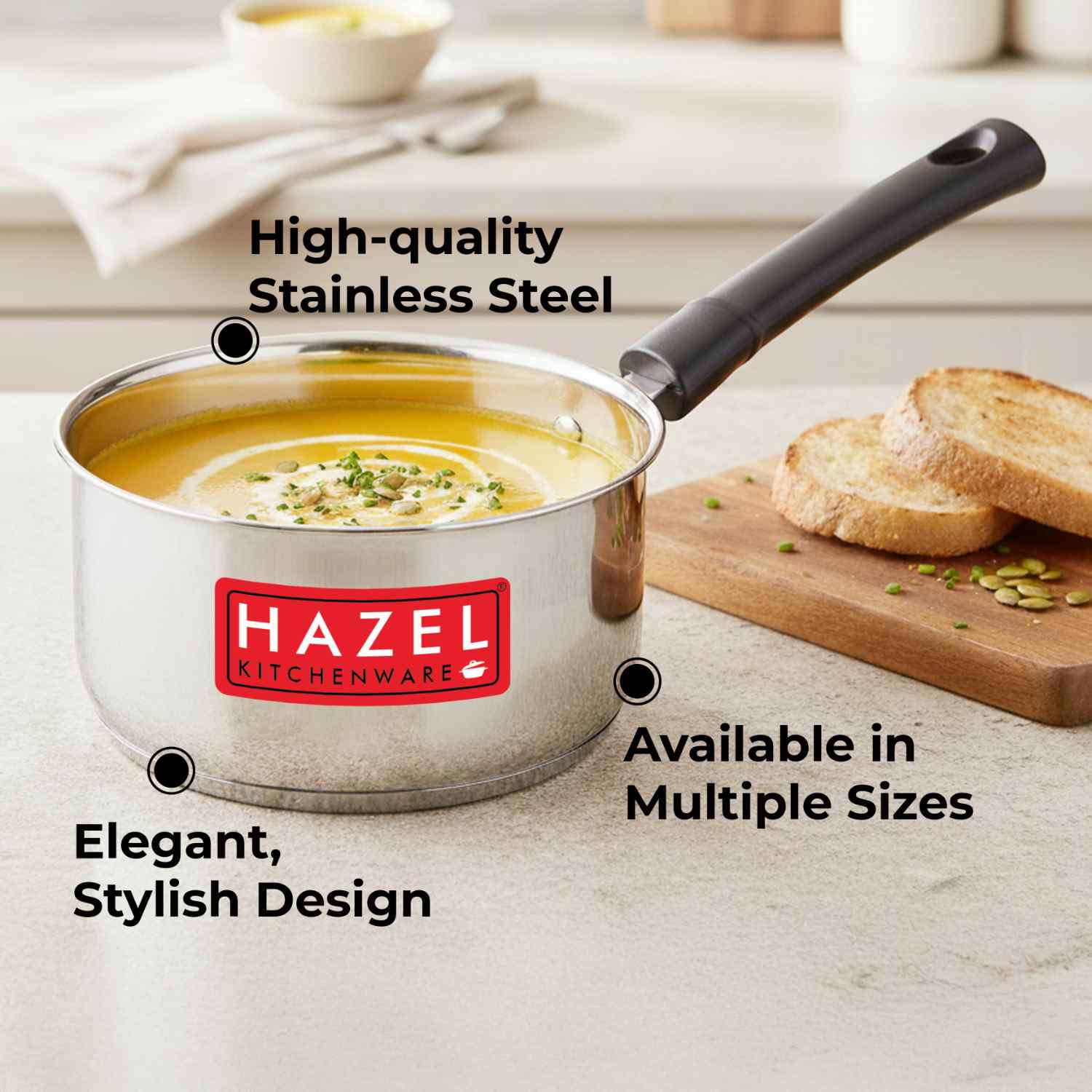 HAZEL Induction Bottom Sauce Pan Stainless Steel Saucepan Deep Bottom With Handle Induction Base For Tea Milk Maker Vessel Cooking, 14.2 cm, 1250 ML