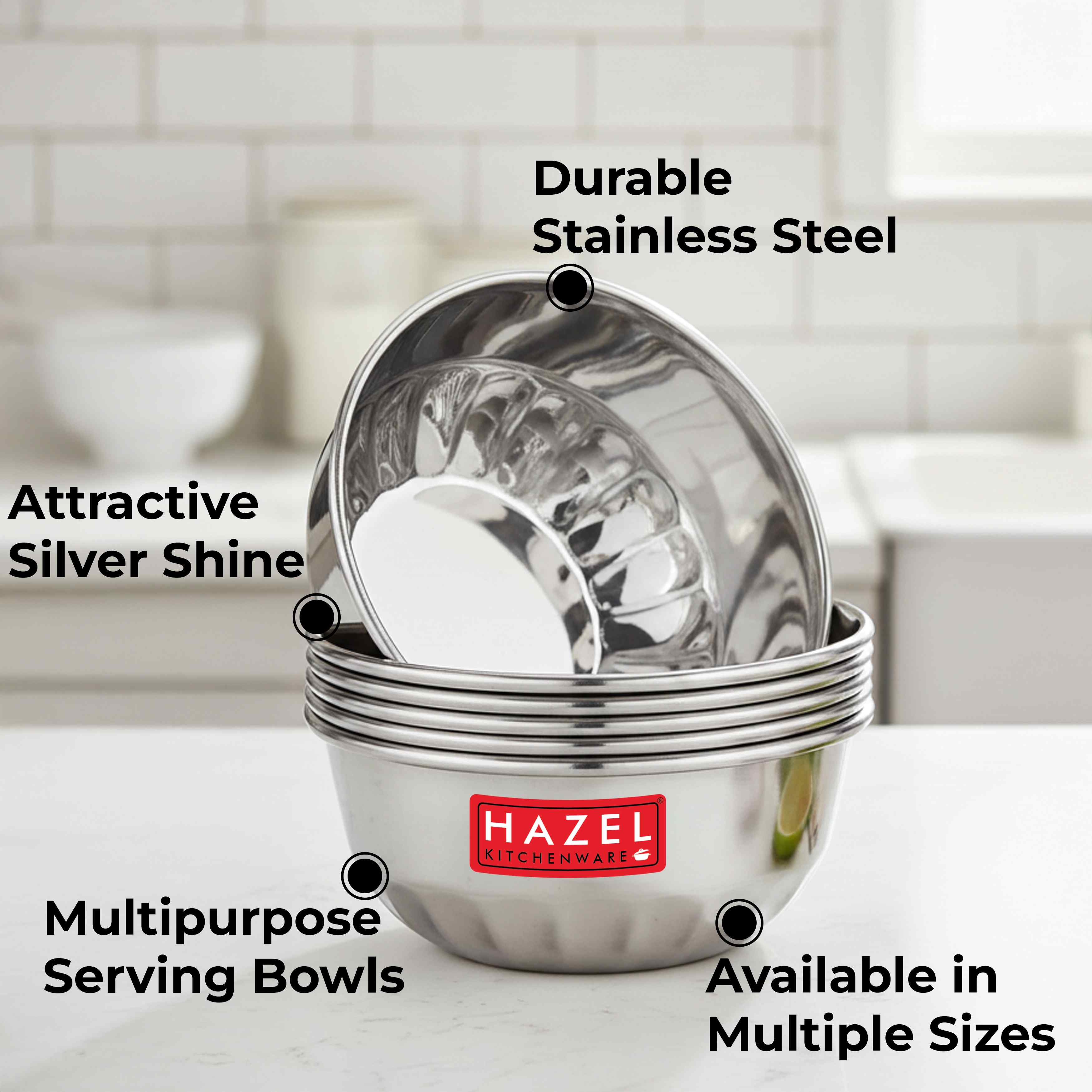 HAZEL Stainless Steel Serving Bowl Wati Dessert Vati Katori, Set of 6, 300 ML Each, Silver