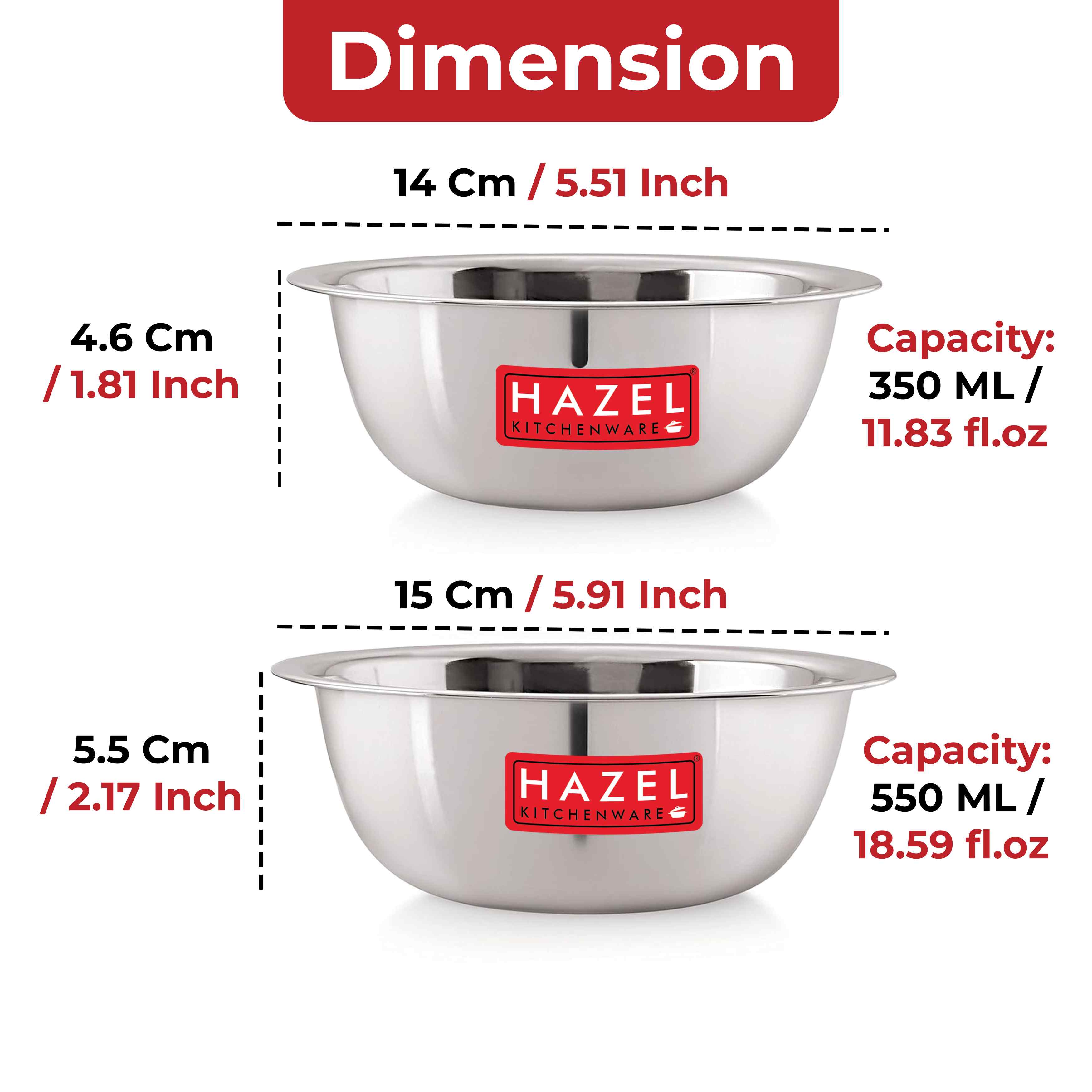 HAZEL Stainless Steel Mixing Bowl |  Mixing Bowl for Cake Batter | Kitchen and Baking Accessories Items, Set of 2, 350 ML, 550 ML