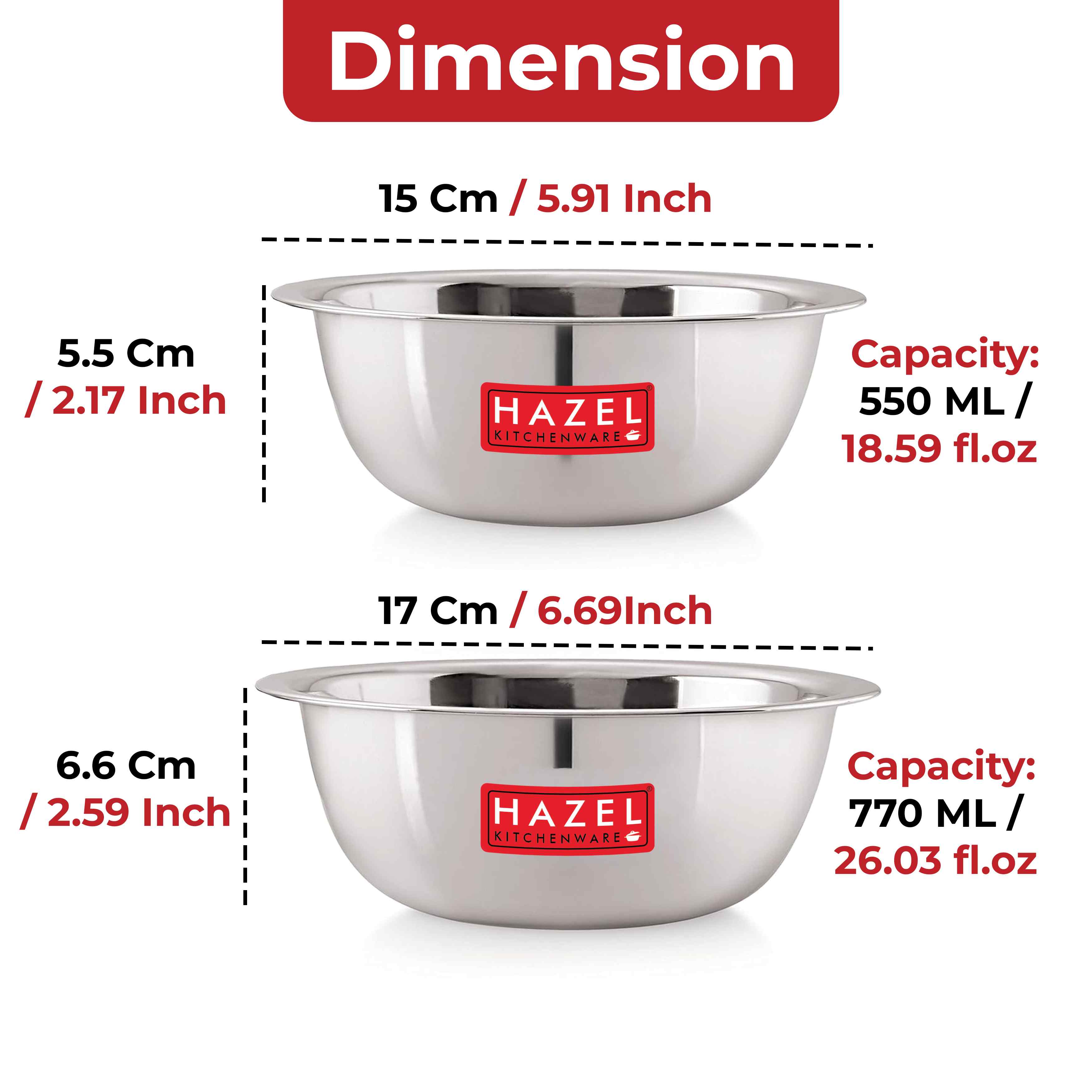 HAZEL Stainless Steel Mixing Bowl |  Mixing Bowl for Cake Batter | Kitchen and Baking Accessories Items, Set of 2, 550 ML, 770 ML