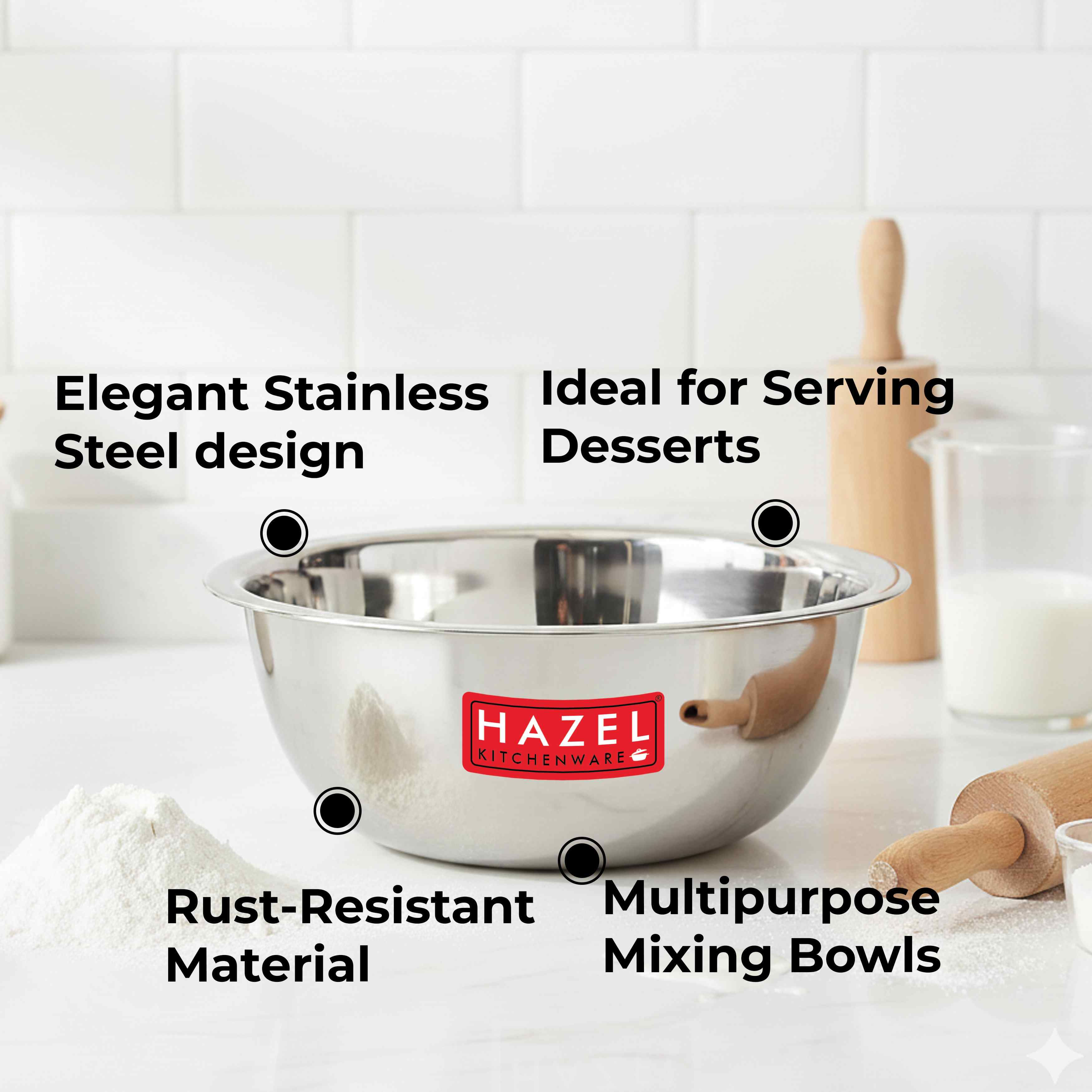 HAZEL Stainless Steel Mixing Bowl |  Mixing Bowl for Cake Batter | Kitchen and Baking Accessories Items, Set of 2, 550 ML, 770 ML
