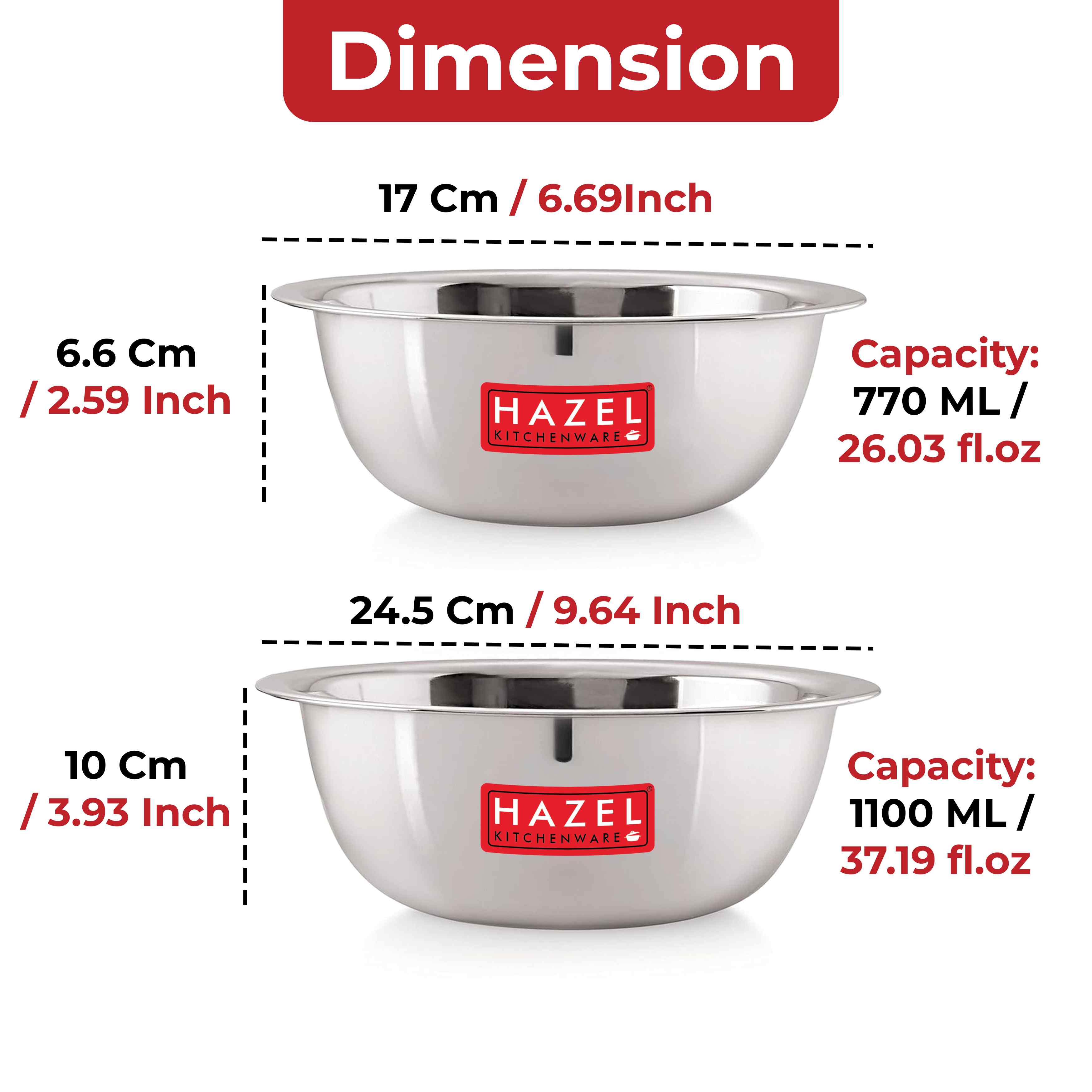 HAZEL Stainless Steel Mixing Bowl |  Mixing Bowl for Cake Batter | Kitchen and Baking Accessories Items, Set of 2, 770 ML, 1100 ML