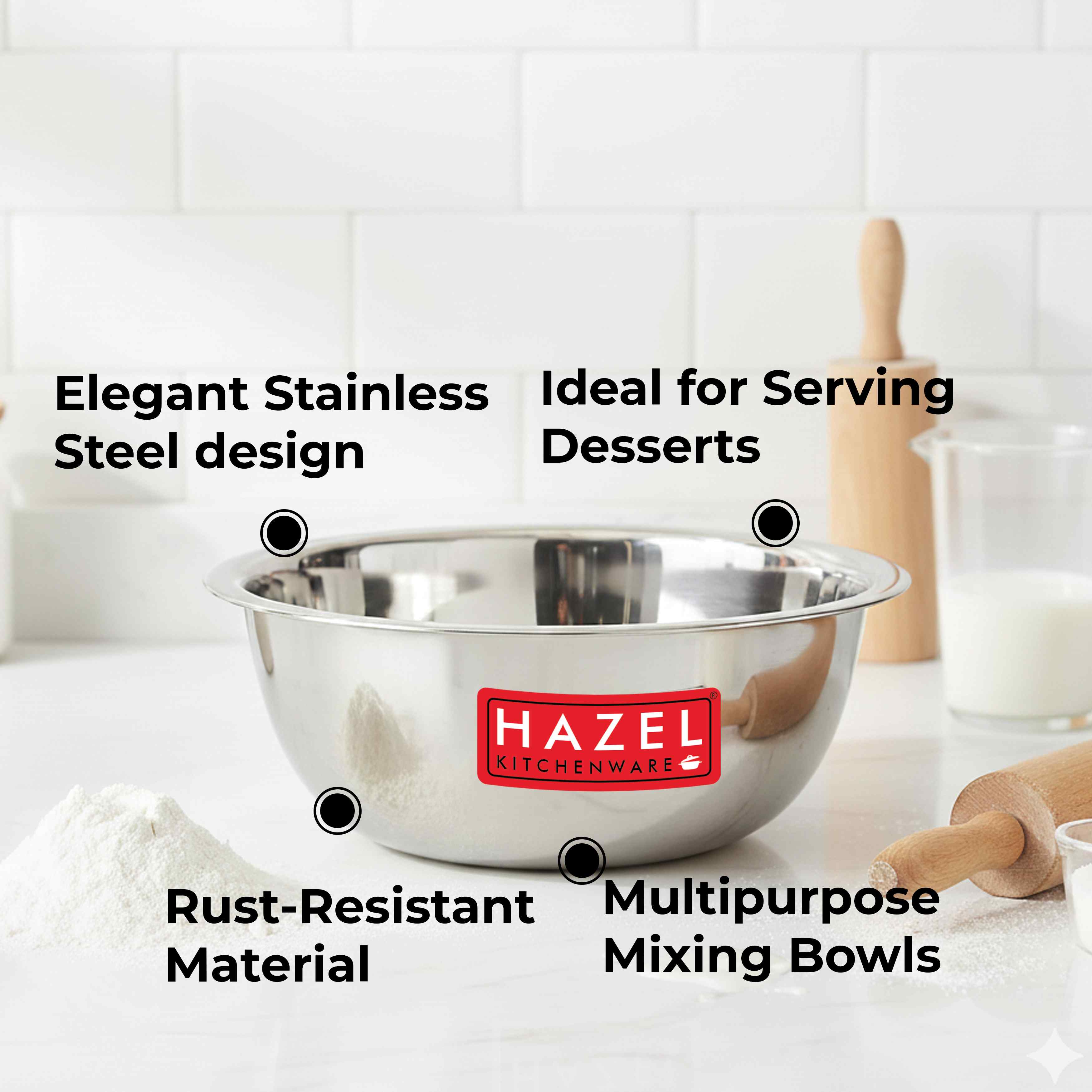 HAZEL Stainless Steel Mixing Bowl |  Mixing Bowl for Cake Batter | Kitchen and Baking Accessories Items, Set of 2, 770 ML, 1100 ML