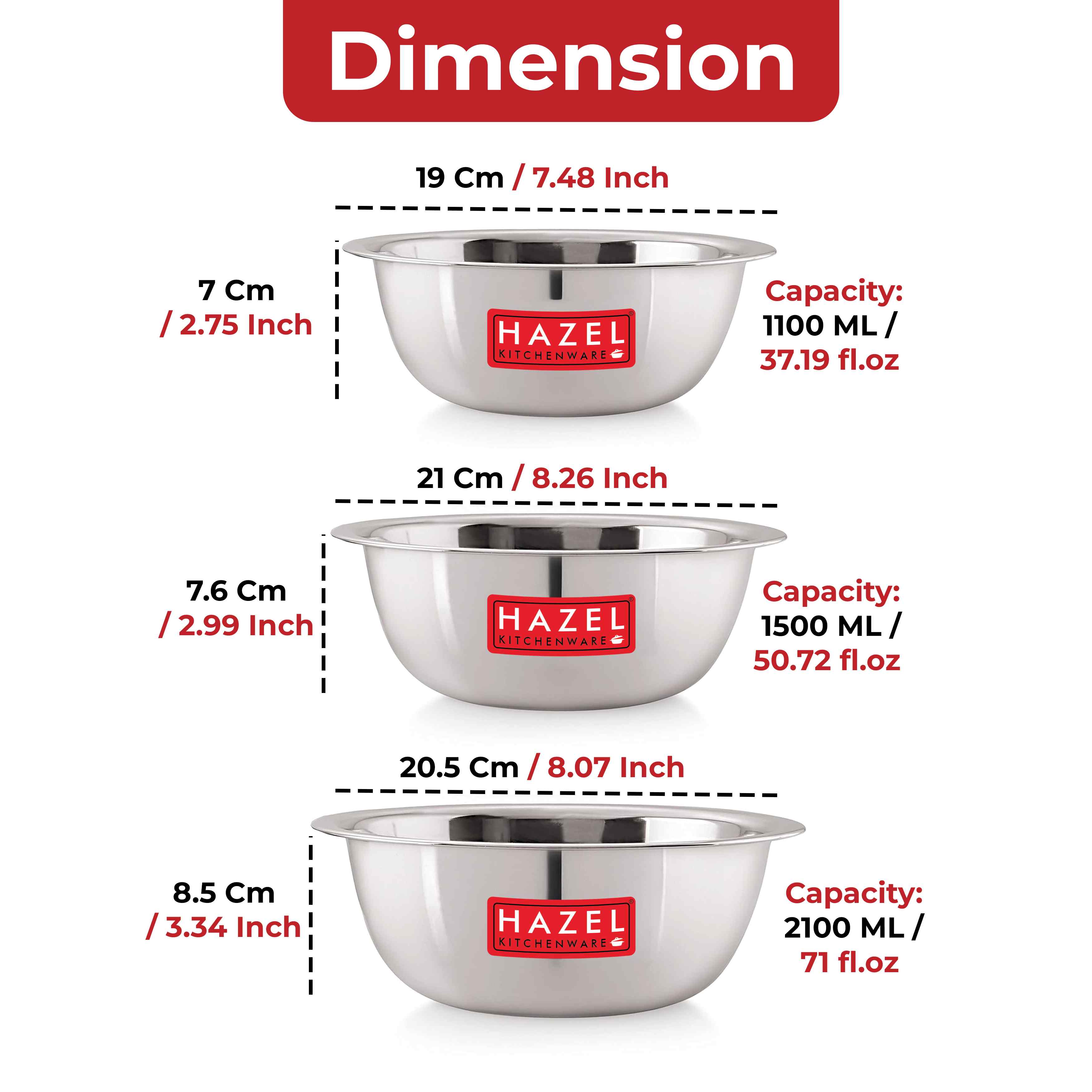 HAZEL Stainless Steel Mixing Bowl | Set of 3 Mixing Bowl For Cake Batter | Steel Bowl Big Size For Baking | 3 Piece, 1100 ml to 2100 ml