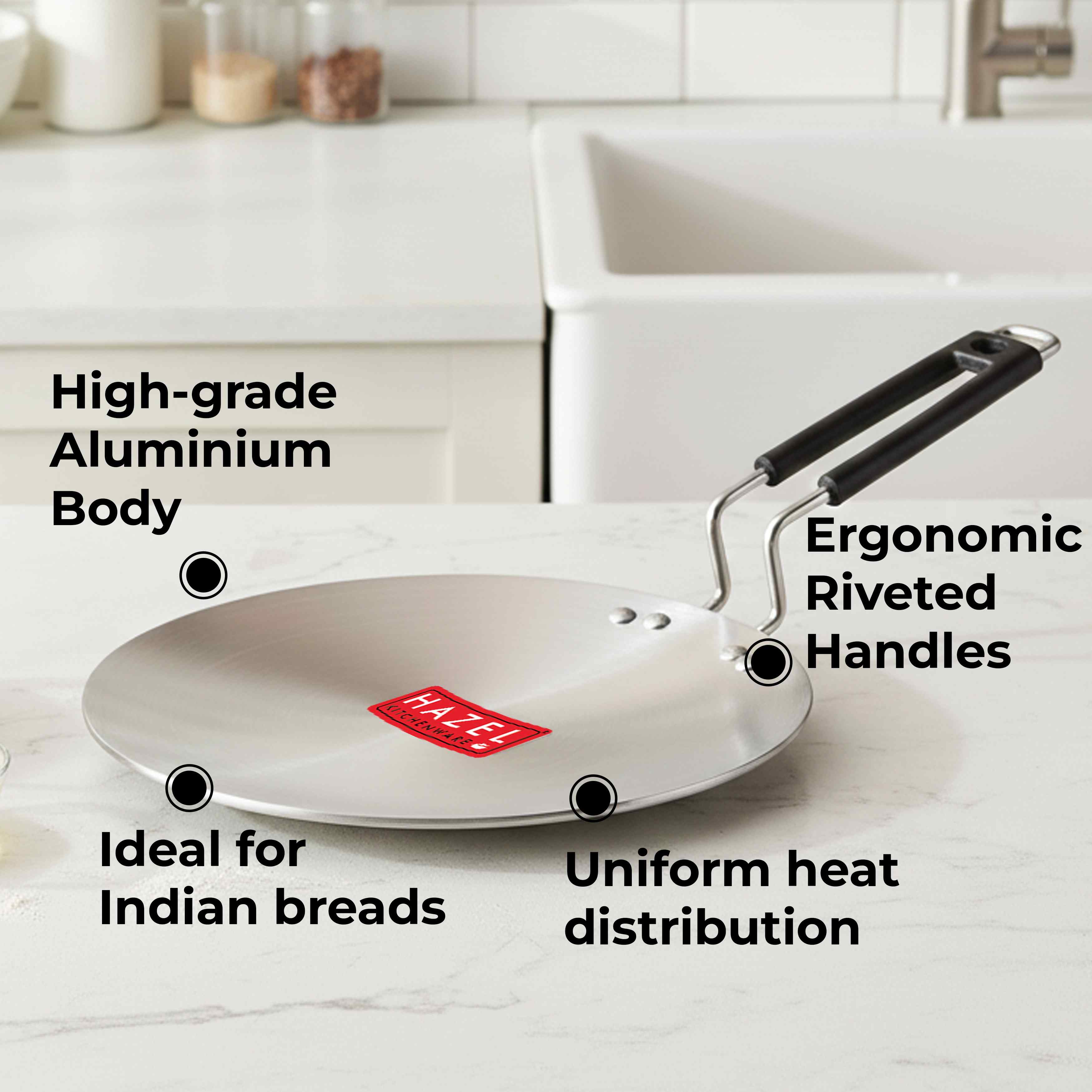 HAZEL Aluminium Tawa for Roti | Hard-Wearing Aluminium Cookware, 22.5 cm | Chapati Tawa for Kitchen with Riveted Handle | Silver Aluminium Tawa with an Ergonomic Design