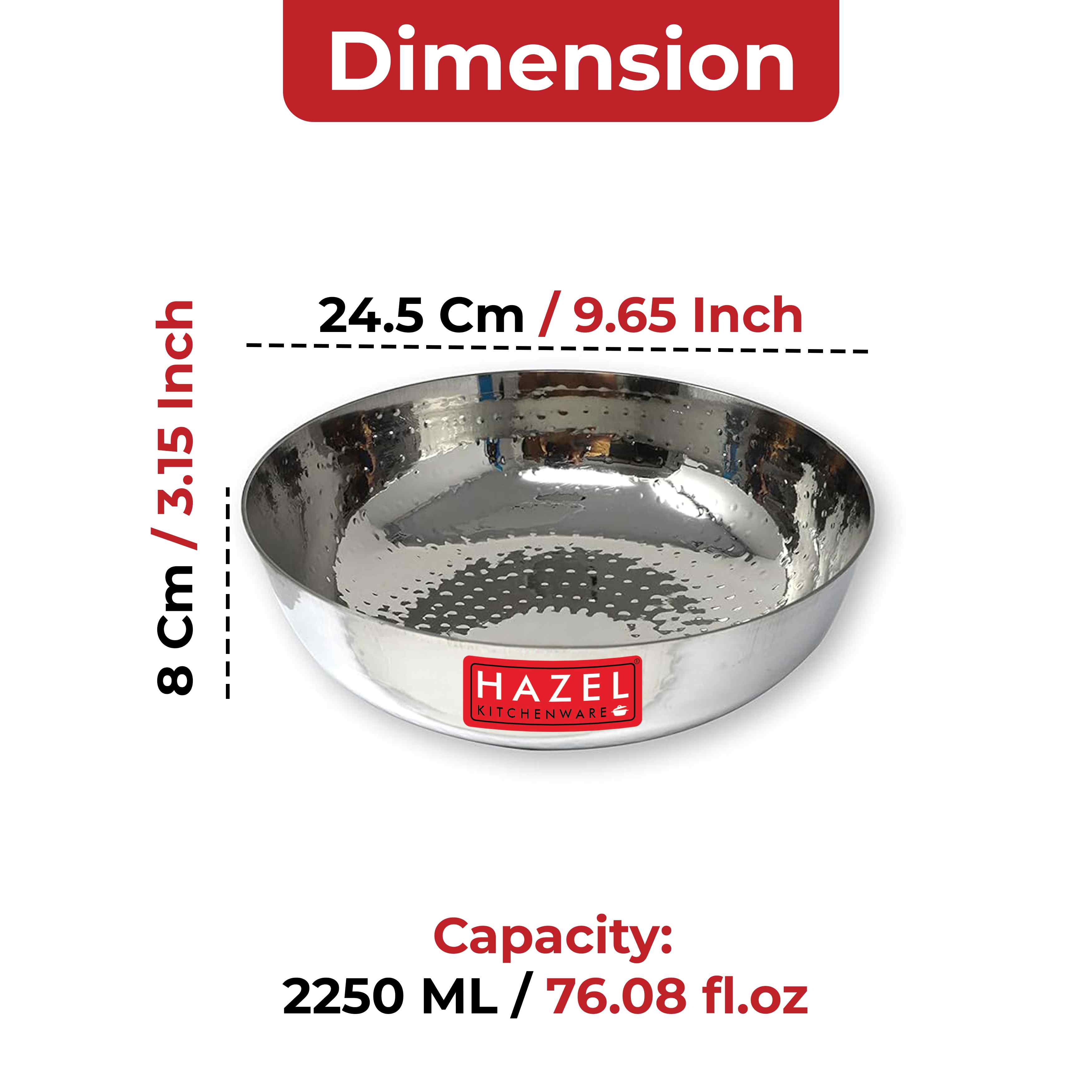 HAZEL Alfa Stainless Steel Hammered Tone Kadai Tasra, Diameter 24.5 cm, 2.25 LTR