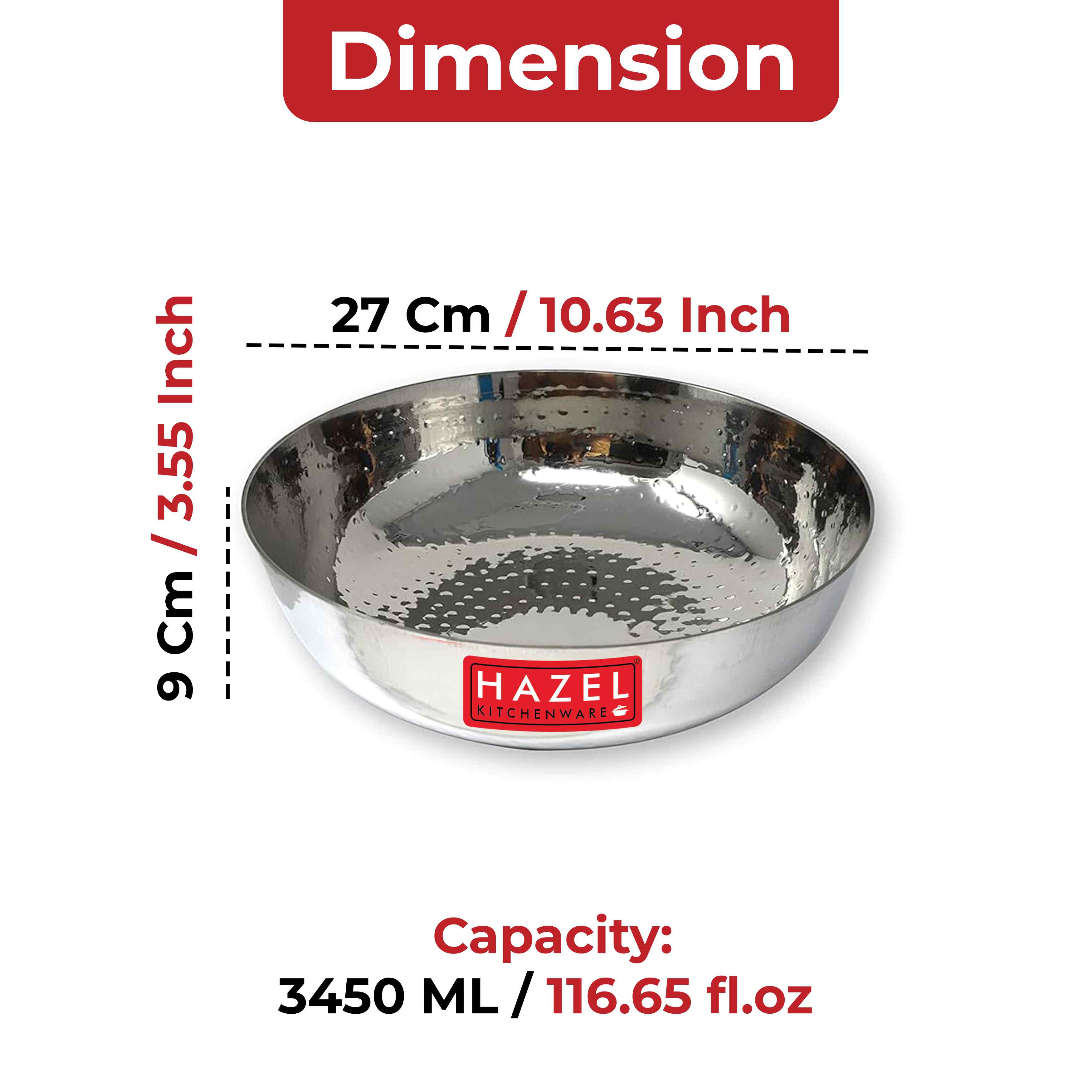 HAZEL Alfa Stainless Steel Hammered Tone Kadai Tasra, Diameter 27 cm, 3.45 LTR
