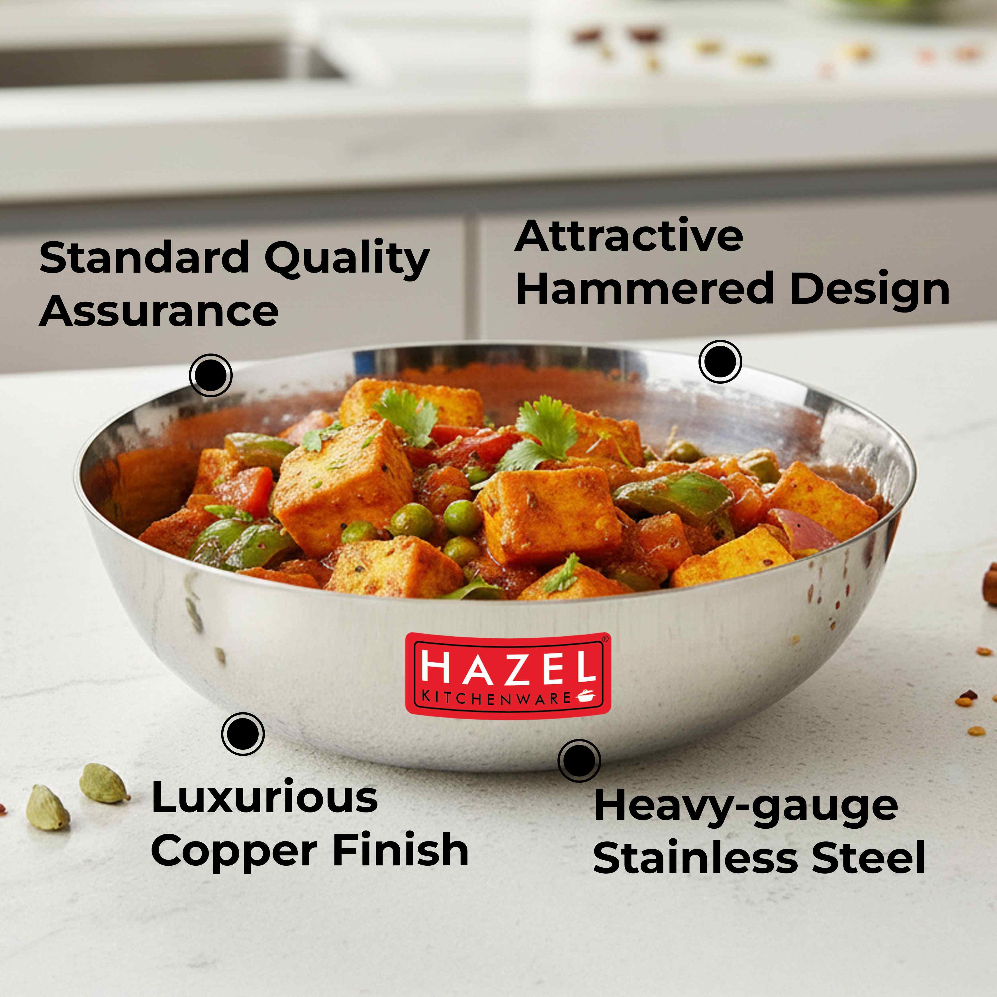 HAZEL Alfa Stainless Steel Hammered Tone Kadai Tasra, Diameter 27 cm, 3.45 LTR