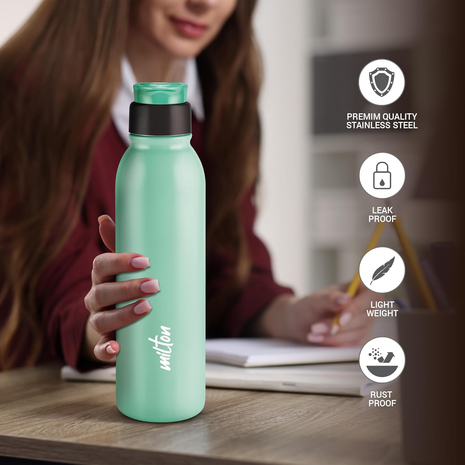 MILTON Caper 1000 Stainless Steel Water Bottle 870 ml, Single Walled, ISI Certified I Leak Proof Lid, Rust Proof I For School, Office, Gym I Mint Green