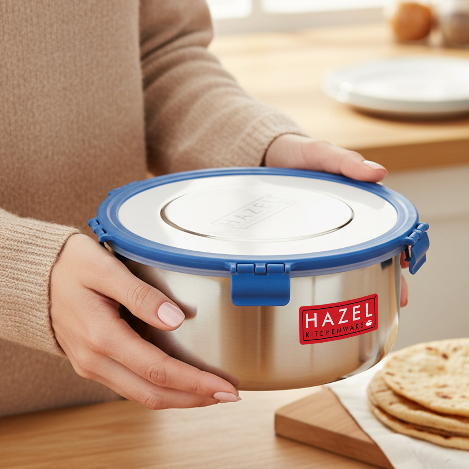HAZEL Hercules Stainless Steel Wafer & Chips Snack Storage Container, 3000 Ml, Airtight Dabba, Silver
