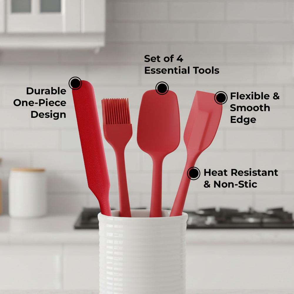 HAZEL Silicone Baking & Cooking Set of 4 | Heat-Resistant Spatula, Spoonula, Icing Knife & Oil Brush | Flexible Non-Stick Tools