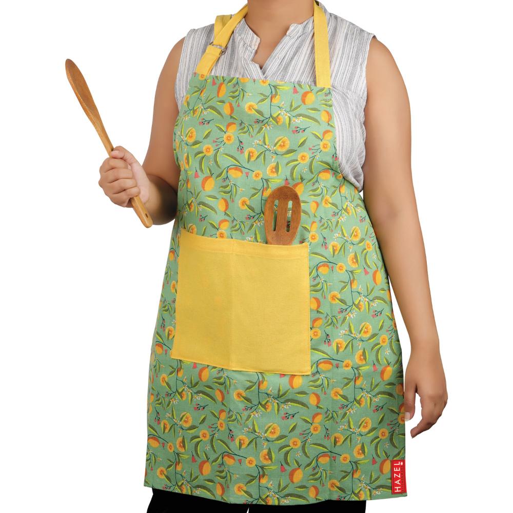 HAZEL Cotton Kitchen Apron with Front Pocket | Adjustable Neck Strap & Tie Back | Reusable Cooking, Baking & Cleaning Apron for Men & Women (Yellow & Green)