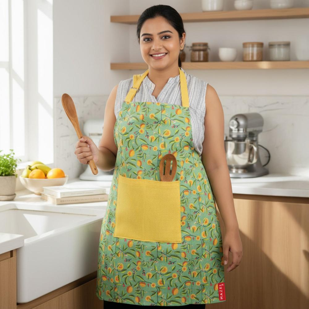 HAZEL Cotton Kitchen Apron with Front Pocket | Adjustable Neck Strap & Tie Back | Reusable Cooking, Baking & Cleaning Apron for Men & Women (Yellow & Green)